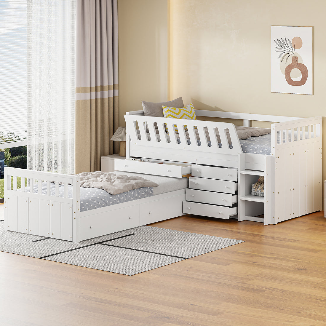 L Shaped Space Saving Twin Loft And Twin Platform Bed With 7 Drawers And Full Guardrails White Twin White Solid Wood