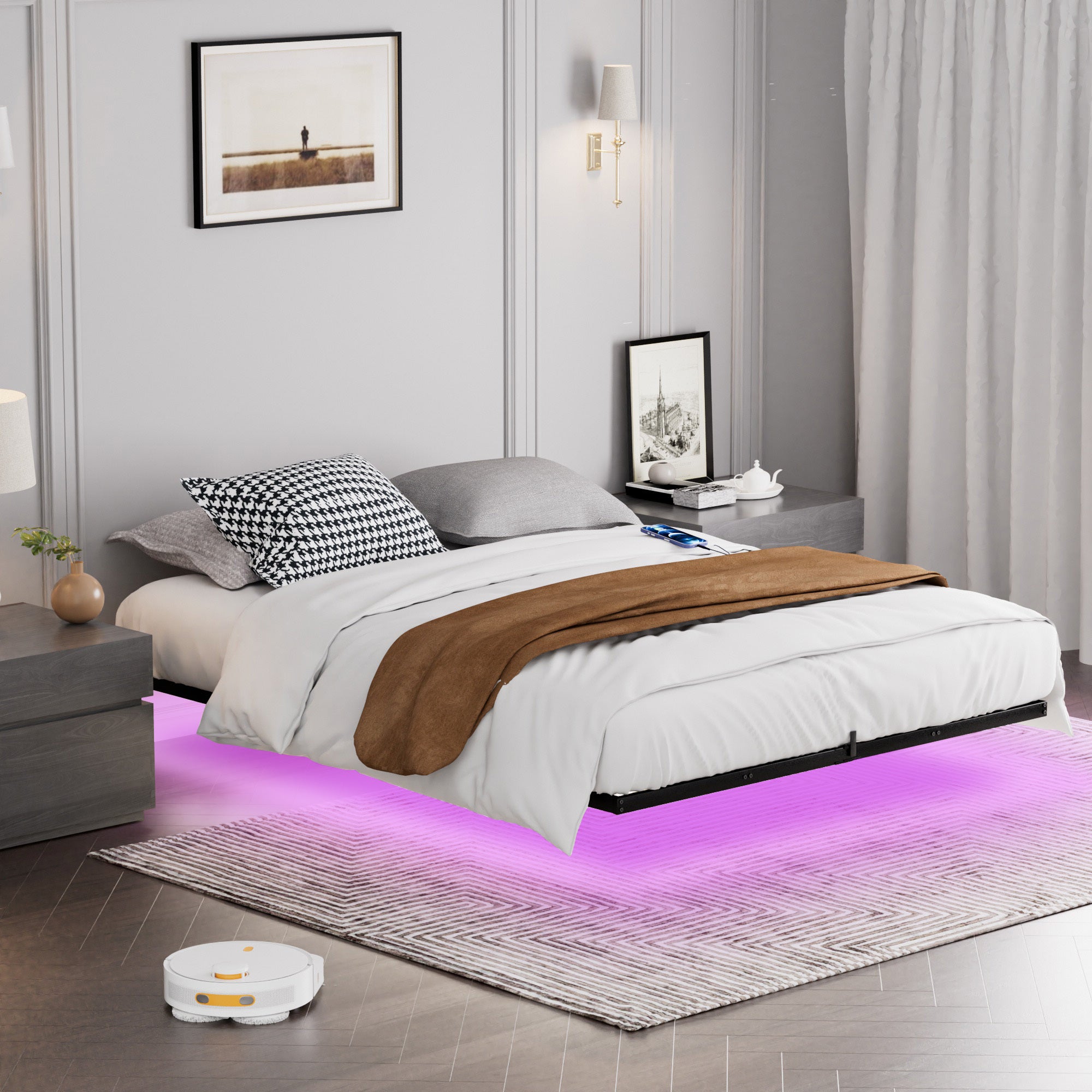 Floating Bed Frame Queen Size With Led Lights Charging Station, Metal Platform Queen Bed, 79.9'' L X 60.2'' W X 7.9'' H. Queen Black Iron