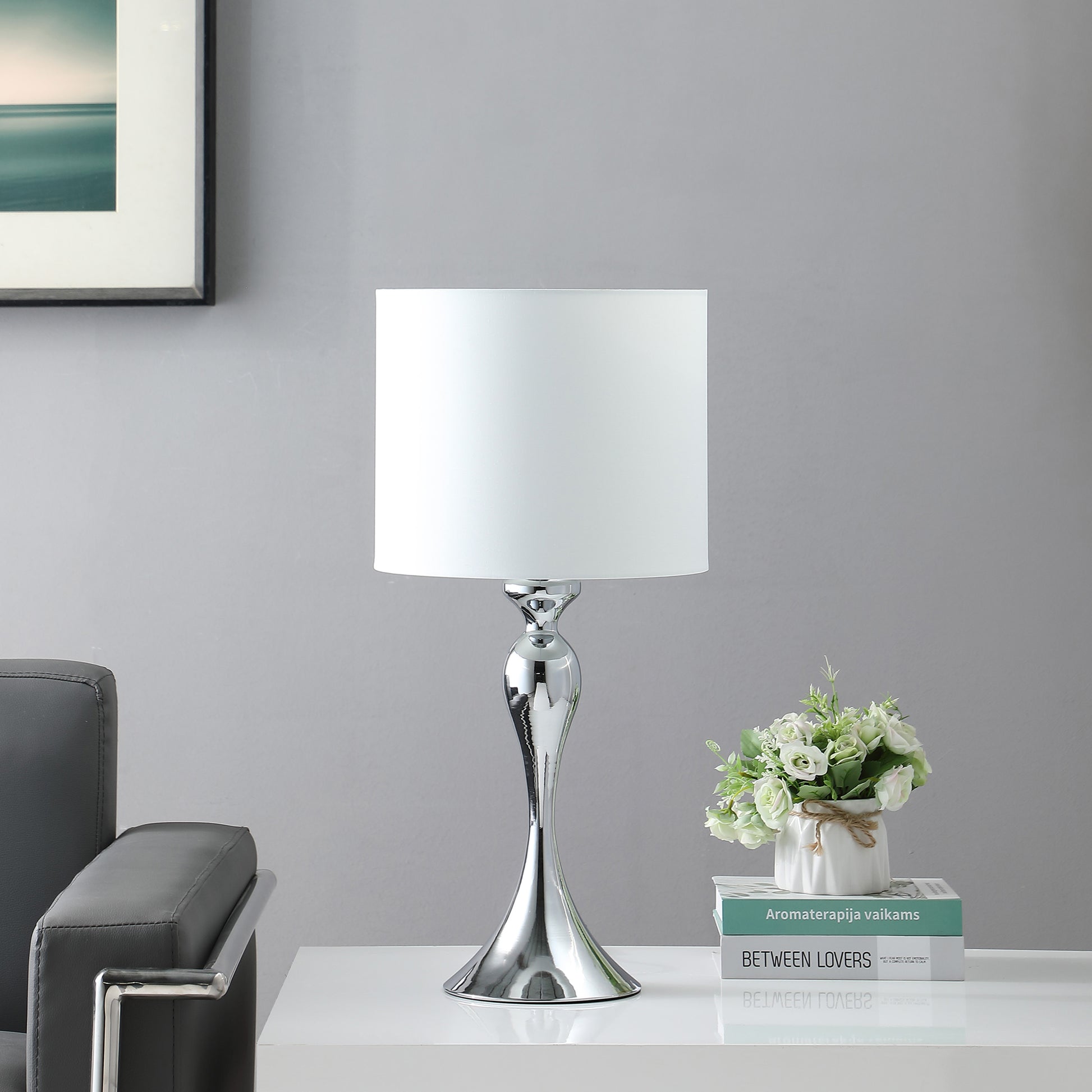 24.5" In Bailey Dark Silver Chrome Modern Candlestick Metal Table Lamp Silver Fabric Metal