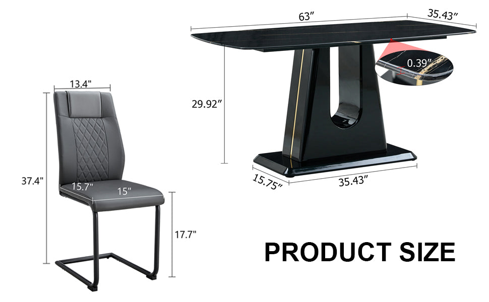 Table And Chair Set, Minimalist Dining Table, Imitation Marble Patterned Glass Tabletop, Mdf Legs With U Shaped Brackets. Paired With Comfortable Chairs, Suitable For Dining And Living Rooms. Black Mdf Glass