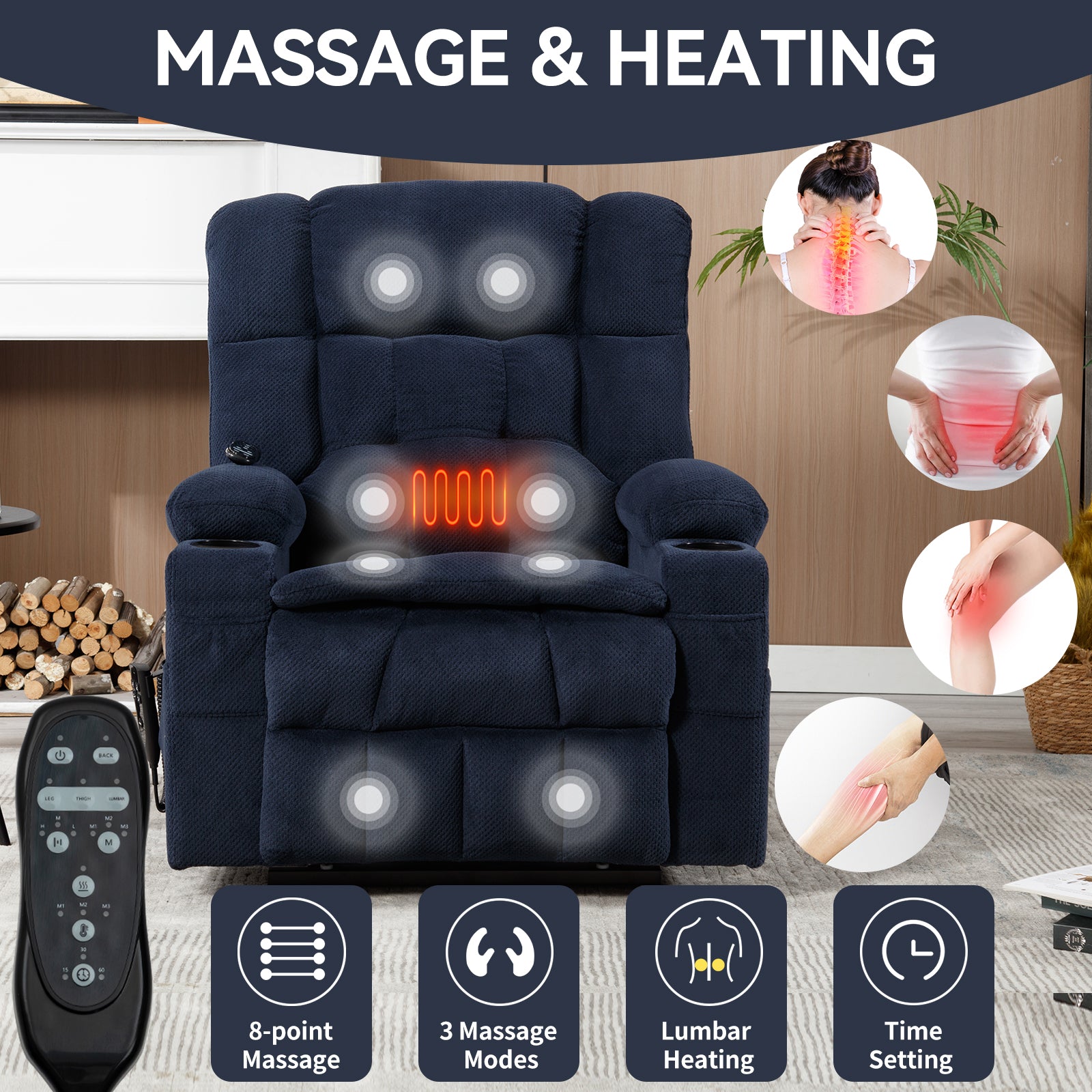 Blue Dual Motor Infinite Position Up To 350 Lbs Chenille Power Lift Recliner Chair, Heavy Duty Motion Mechanism With 8 Point Vibration Massage And Lumbar Heating, Dual Cup Holders White Metal