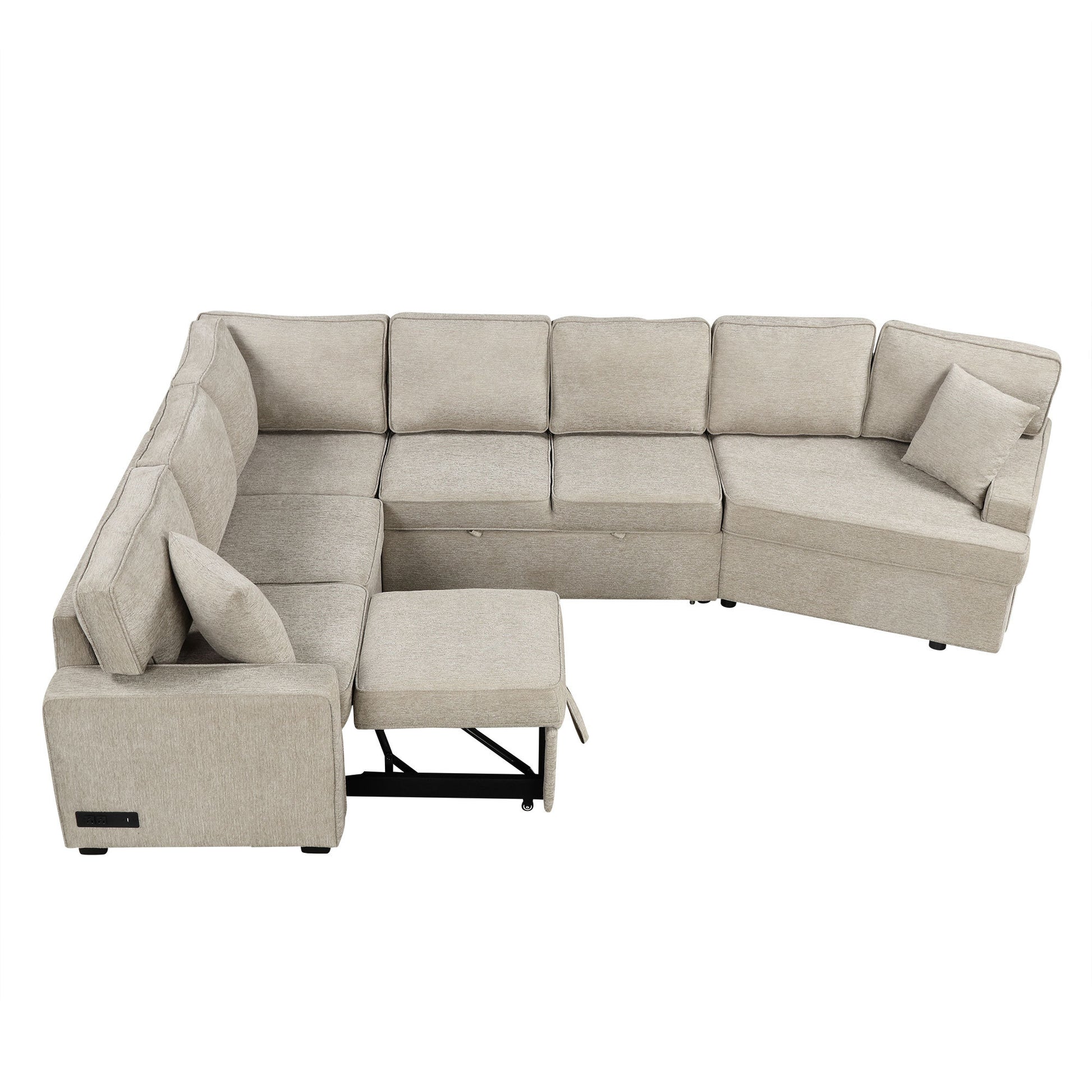 126" L Shaped Sofa Sectional Sofa Couch Pull Out Sofa Bed With Charging Devices And Cup Holders For Living Room, Beige Beige Foam Chenille 6 Seat