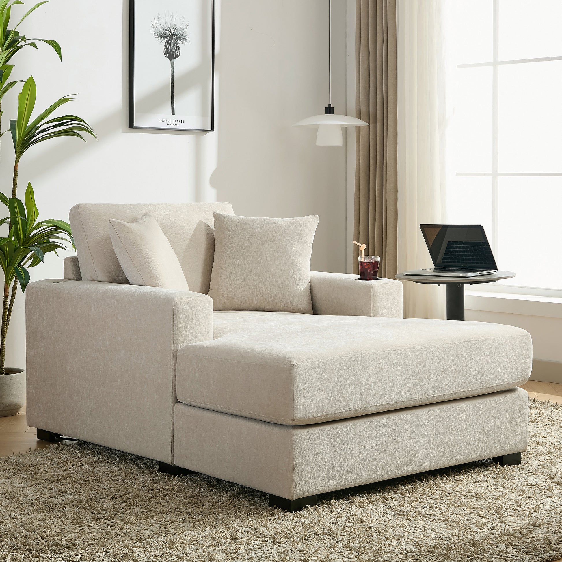 43.5" Oversized Chaise Lounger Modern Style Sofa Couch ,With Pillows, Charge Station & Cup Holders, Chenille Fabric, Cream Cream Chenille