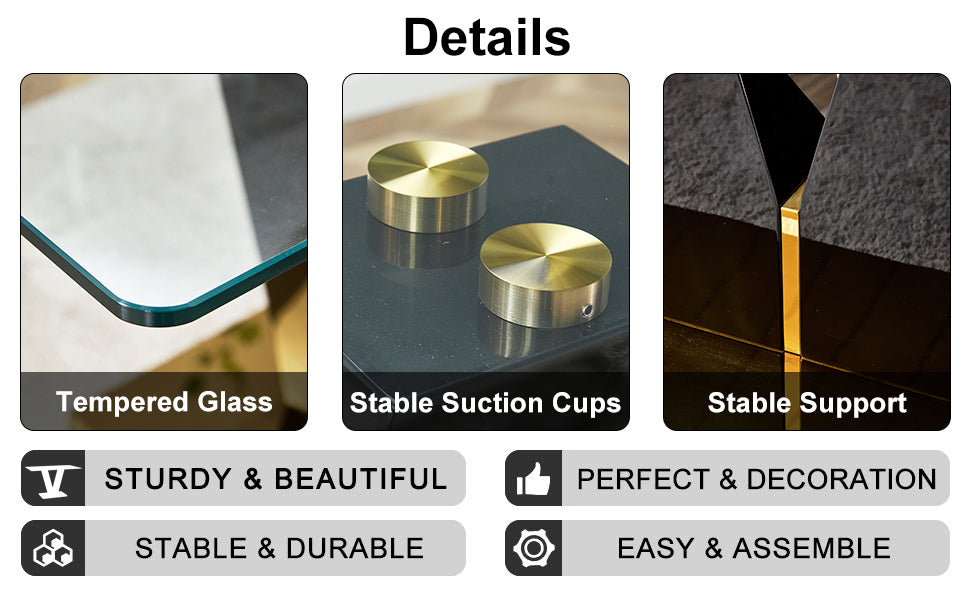 Table And Chair Set. A Rectangular Glass Dining Table With A 0.4 Inch Tempered Glass Tabletop And Mdf Board V Shaped Bracket, Paired With Chairs Consisting Of Pu Seat Cushions And Golden Metal Legs. White Black Seats 4 Tempered Glass