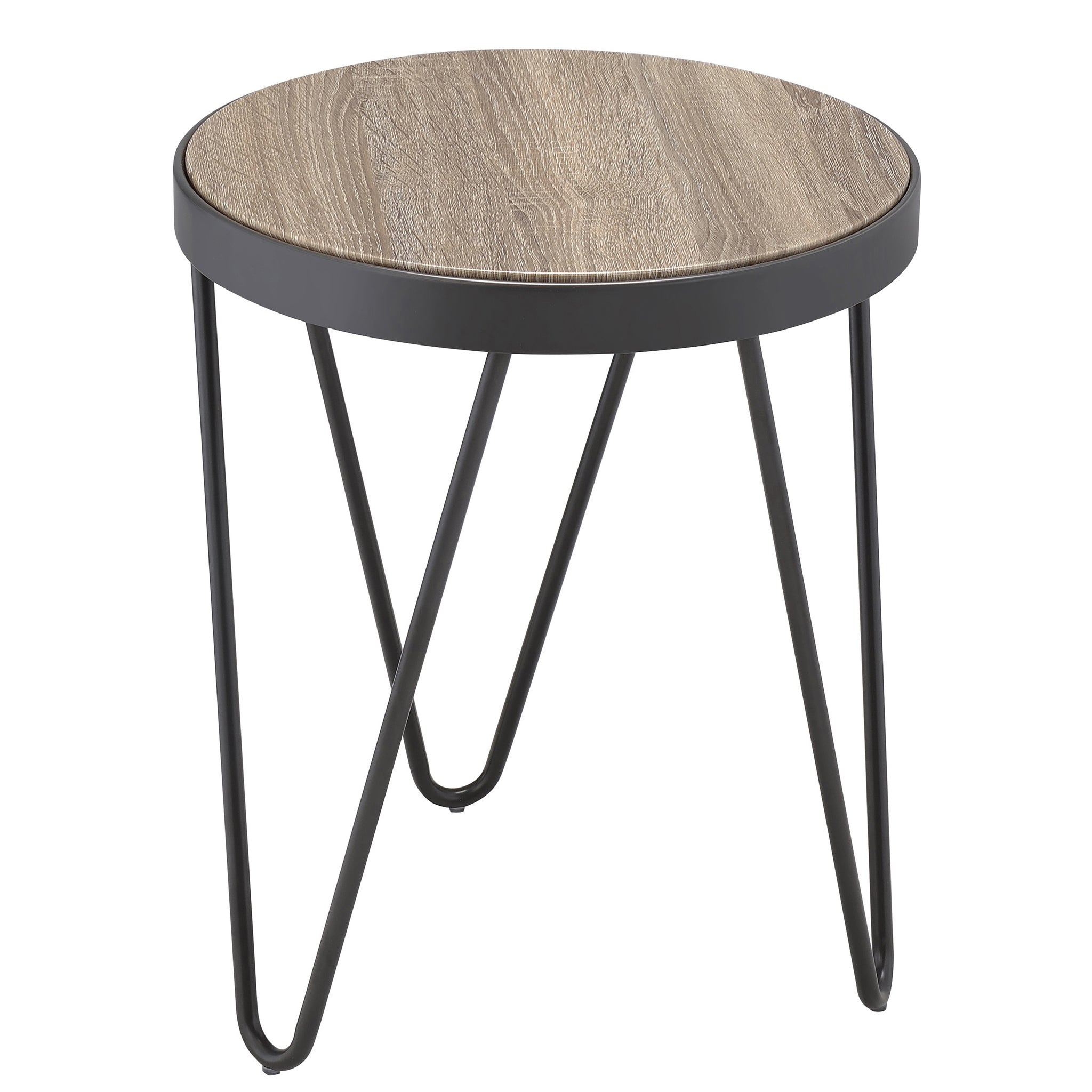 Weathered Grey Oak And Black End Table Oak Primary Living Space Industrial Round Wood Metal Sled