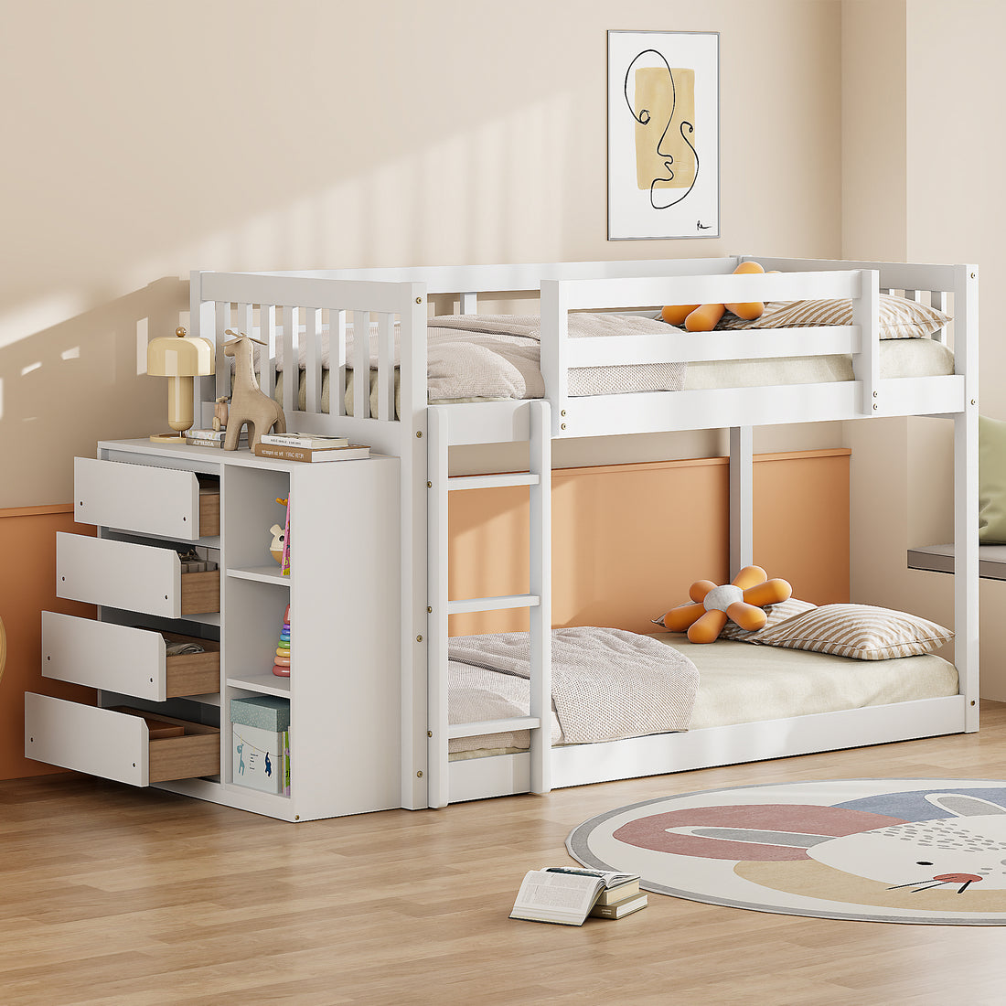 Twin Over Twin Bunk Bed With 4 Drawers And 3 Shelves White Twin White Solid Wood