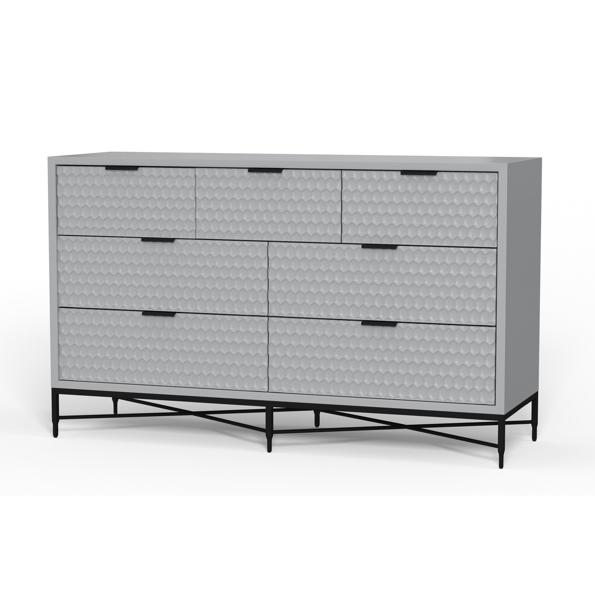 Rexi 56 Inch 7 Drawer Dresser, Honeycomb, Mahogany Wood, Light Gray, Black Black Gray Wood