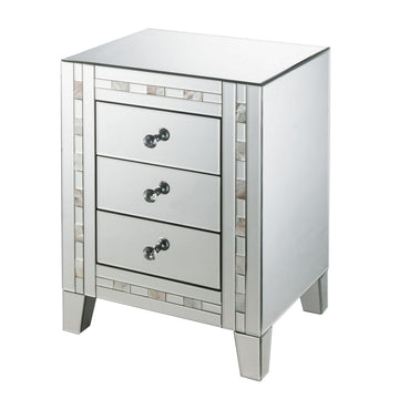 3 Drawer Beveled Mirrored Accent Table With Pearl Inlay, Silver Silver Solid Wood