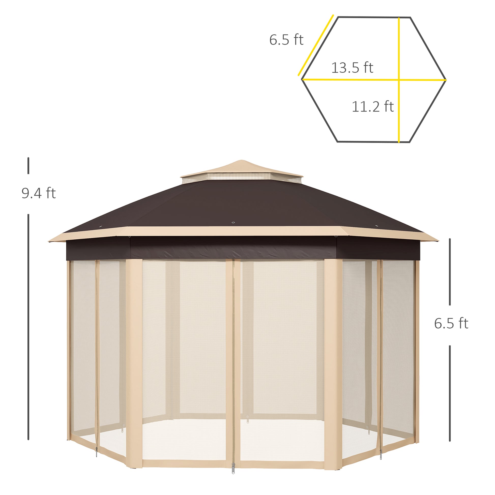 Outsunny 13' X 13' Pop Up Gazebo, Hexagonal Canopy Shelter With 6 Zippered Mesh Netting, Event Tent With Strong Steel Frame For Patio, Backyard, Garden, Wedding, Party, Beige Beige Steel