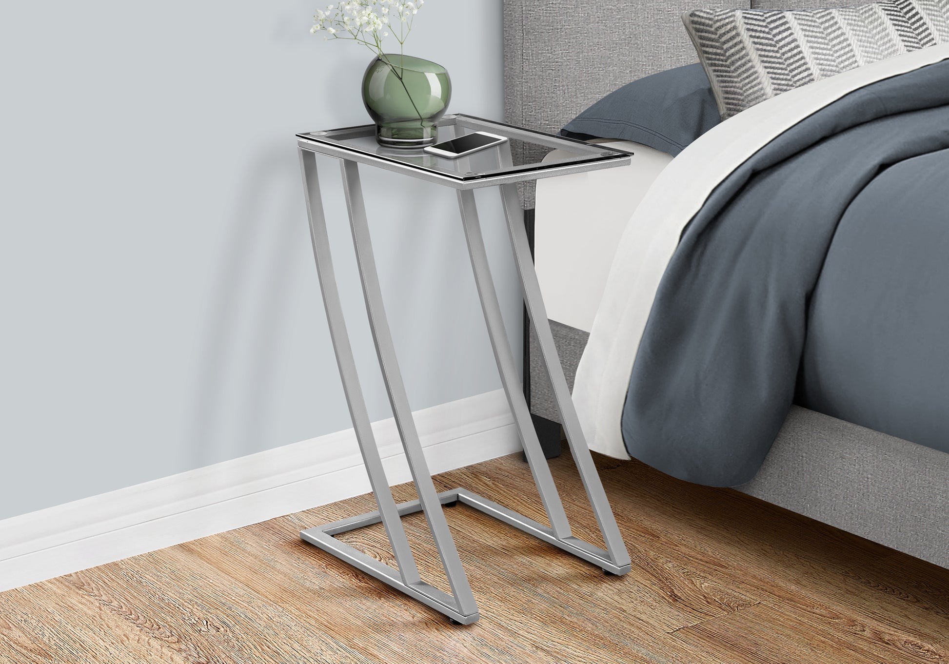 Accent Table, C Shaped, End, Side, Snack, Living Room, Bedroom, Tempered Glass, Grey Metal, Contemporary, Modern Silver Metal