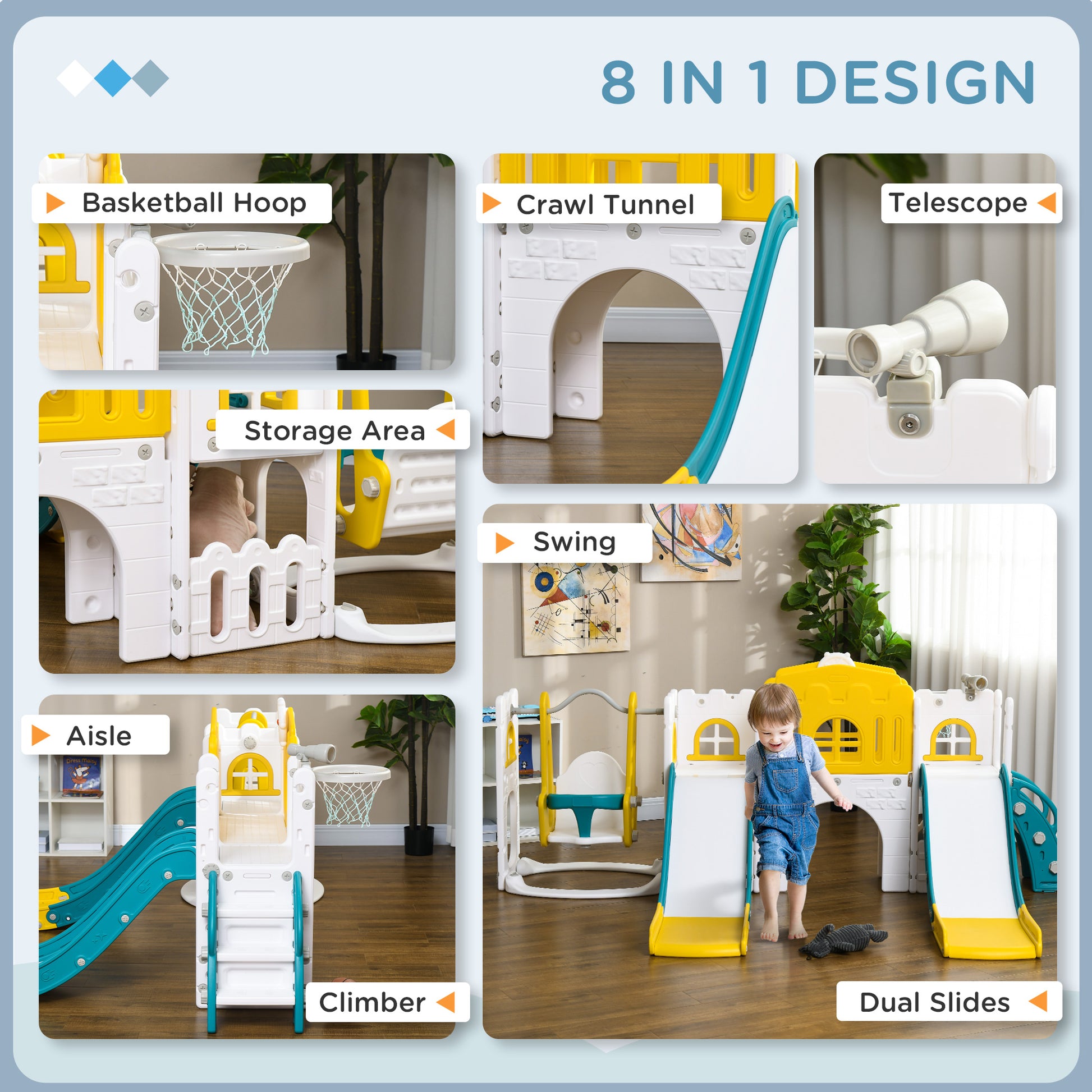 Qaba 8 In 1 Toddler Slide And Swing Set With 2 Slides, Baby Slide For Ages 1 3 With Basketball Hoop, Climber, Aisle, Steering Wheel, Storage Space, Telescope, Indoor Playground, Yellow Yellow