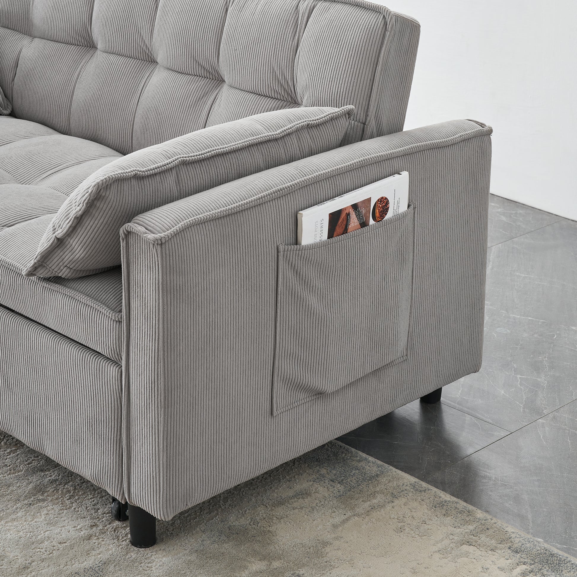 54.30 Inch Double Two Seat Casual Sofa With Pull Out Bed, Living Room Furniture, Light Grey Gray Corduroy 2 Seat