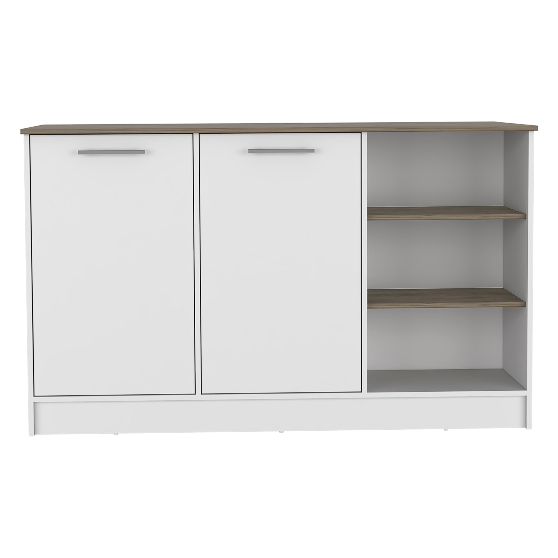 Ginger Kitchen Island, Three Open Shelves, Two Cabinets White Dark Brown Multicolor Dining Room Modern Rectangular Stationary Kitchen Islands Particle Board Particle Board Medium 40 55In