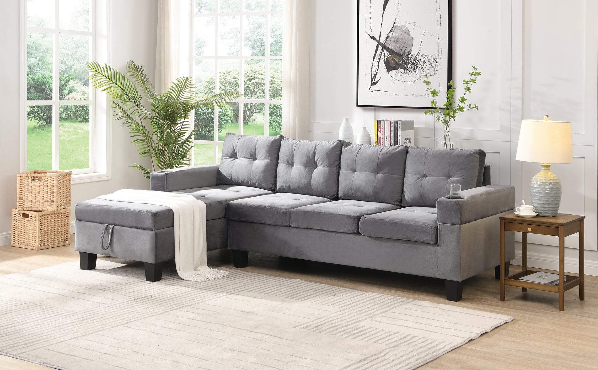 Sectional Sofa Set For Living Room With L Shape Chaise Lounge ,Cup Holder And Left Hand With Storage Chaise Modern 4 Seat Grey Grey Fabric 4 Seat