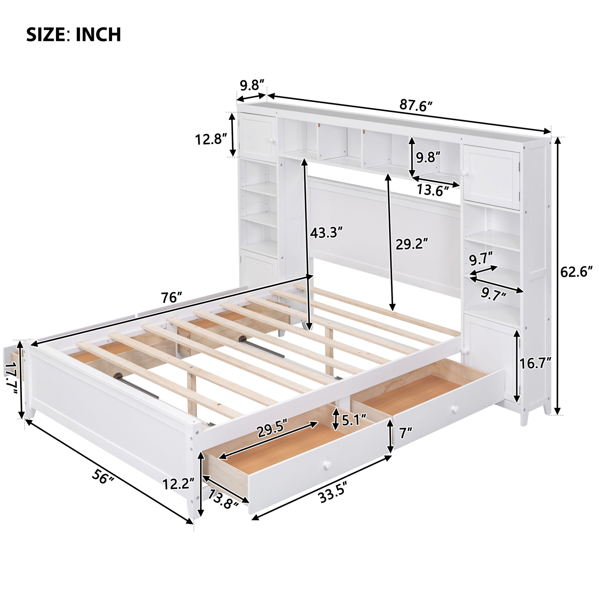 Full Size Wooden Bed With All In One Cabinet And Shelf, White Full White Solid Wood