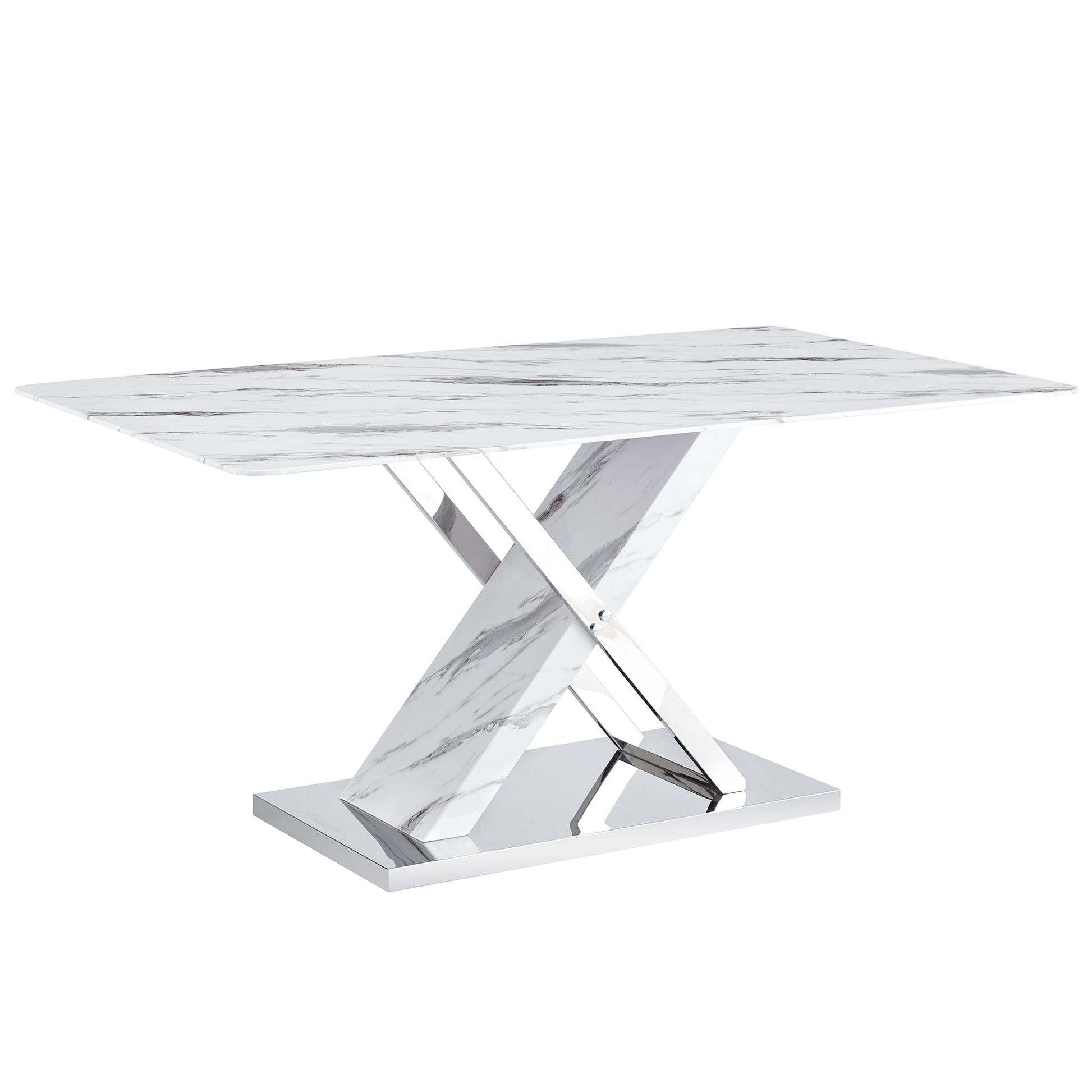 Table And Chair Set, Modern Dining Table, Imitation Marble White Top And Silver Legs, Soft And Comfortable Dining Chair, Perfect For Dinner, Meetings, Home And Office Decor White Silver Glass Metal