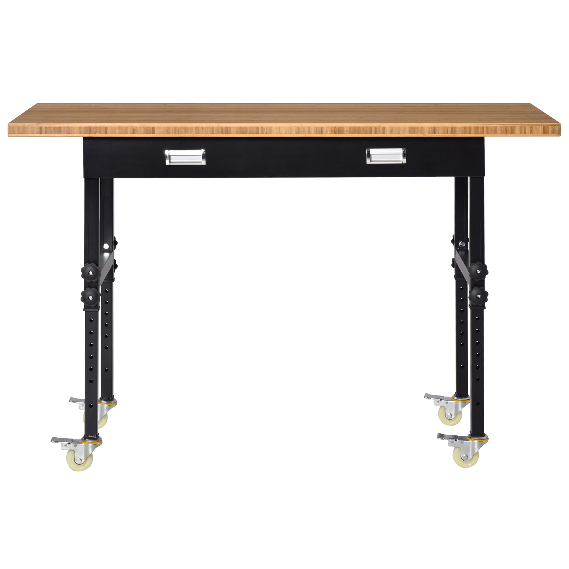 Homcom 59" Work Bench With Drawer, Height Adjustable Legs, Bamboo Tabletop Workstation Tool Table On Wheels For Garage, Weight Capacity 1320 Lbs, Black Natural Natural Wood Bamboo