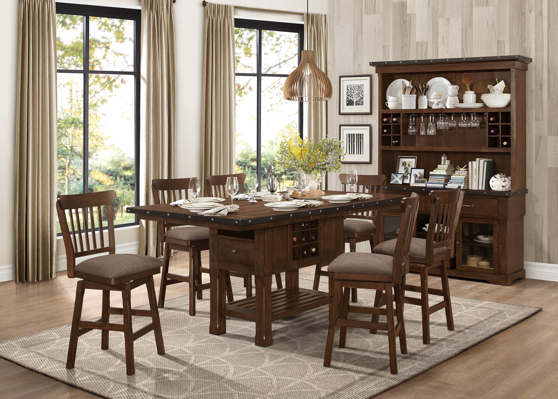 Dark Brown Finish Storage Base Counter Height Table 1Pc Extension Leaf 2 Drawers 9 Bottles Wine Rack Decorative Metal Rivet Banding Dining Furniture Dark Brown Seats 6 Dining Room Transitional Kitchen & Dining Tables Rectangular Wood