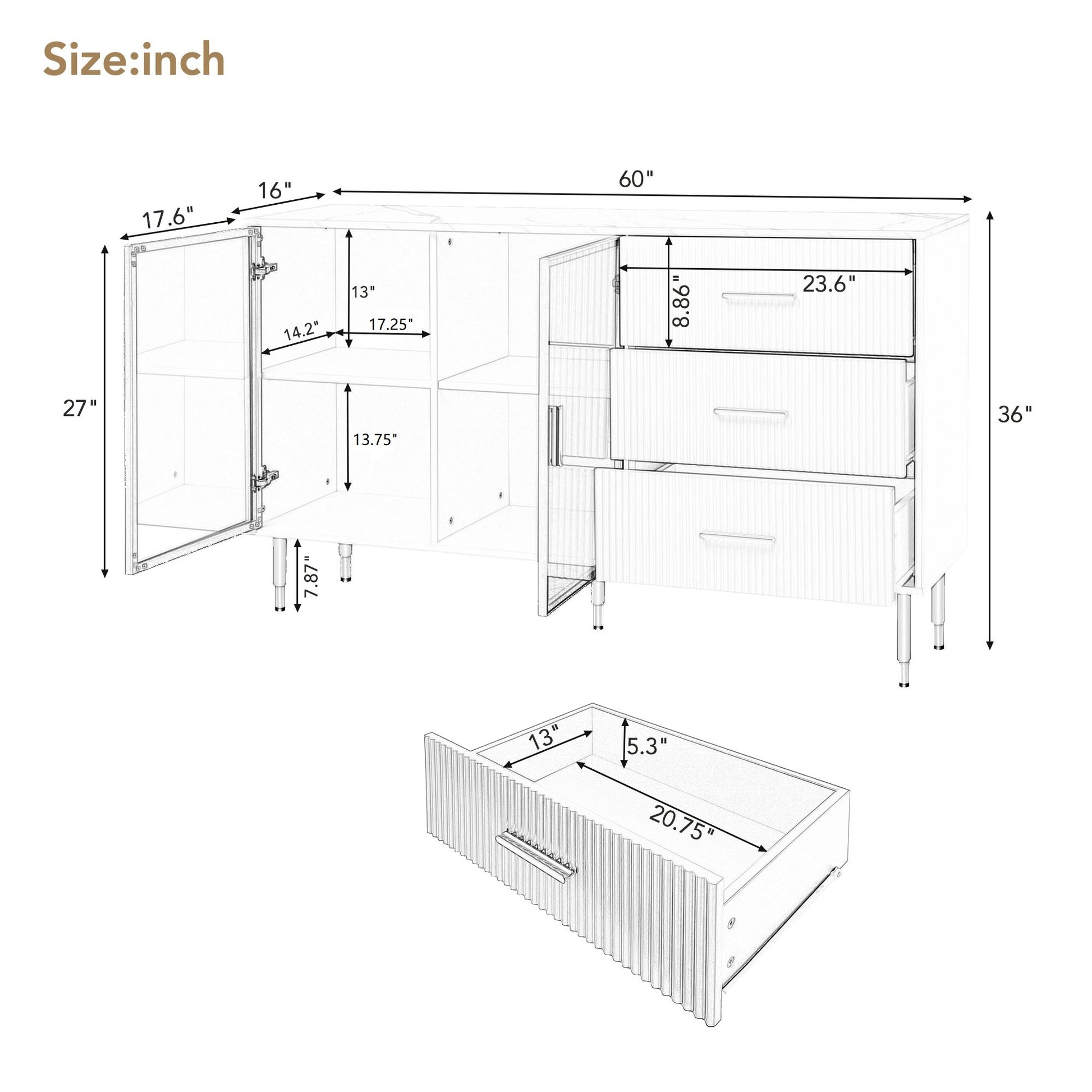 Modern Sideboard Mdf Buffet Cabinet Marble Sticker Tabletop And Amber Yellow Tempered Glass Doors With Gold Metal Legs & Handles Black Black Mdf Glass