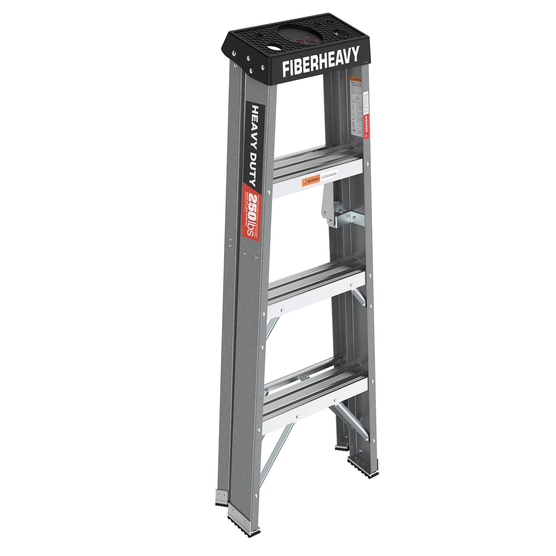 Fiberglass Step Ladder 4 Steps 250Lbs Black Grey Fiberglass