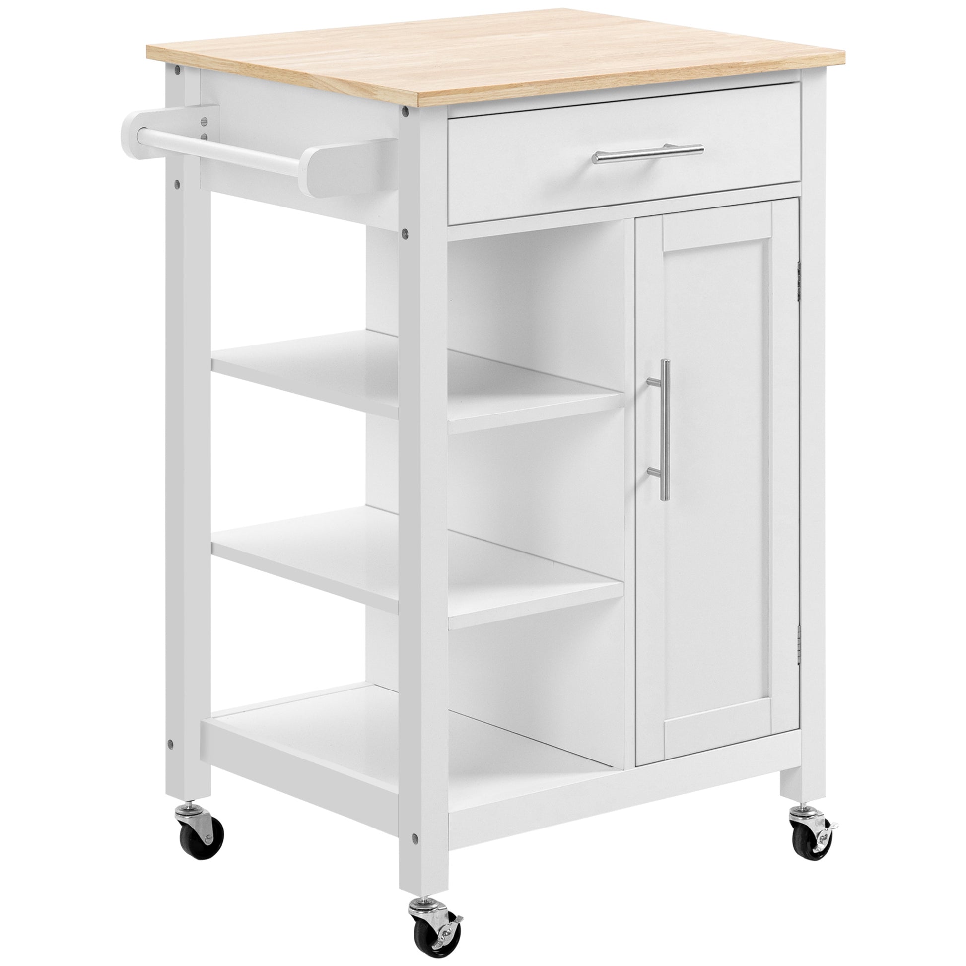 Homcom Kitchen Island Cart, Rolling Kitchen Island With Storage Shelf, Solid Wood Top, Drawer, For Dining Room, White White Mdf