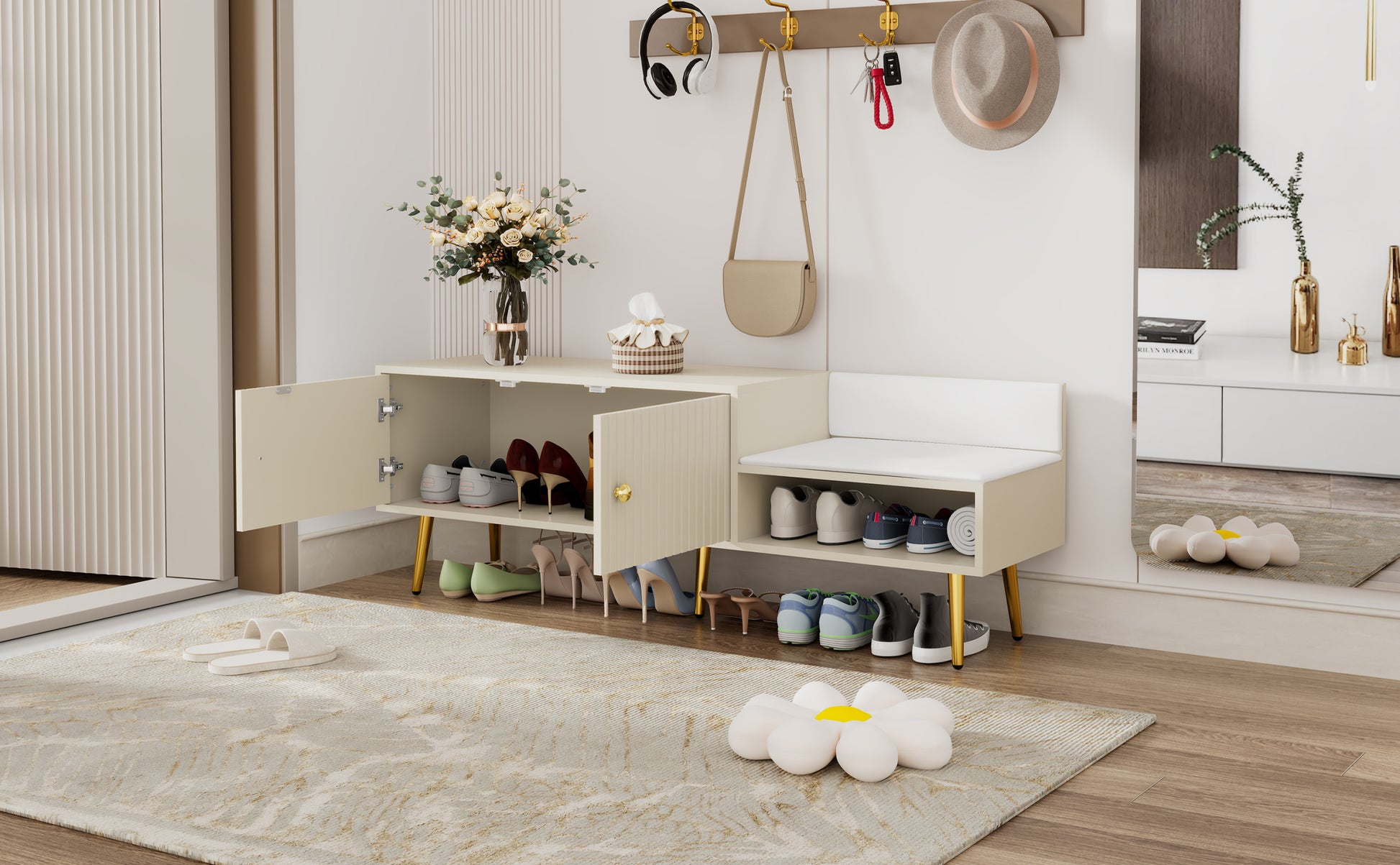 Modern Shoe Storage Bench With Hidden Storage And Upholstered Cushions For Bedside, Living Room And Entryway Antique White Antique White Mdf Metal