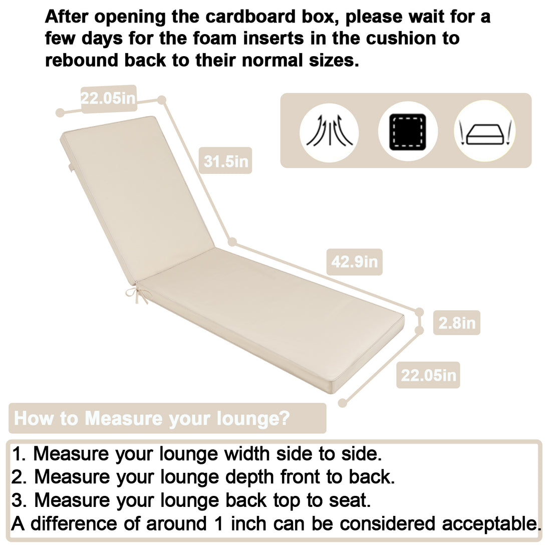 2Pcs Set Outdoor Lounge Chair Cushion Replacement Patio Funiture Seat Cushion Chaise Lounge Cushion Beige Beige Polyester