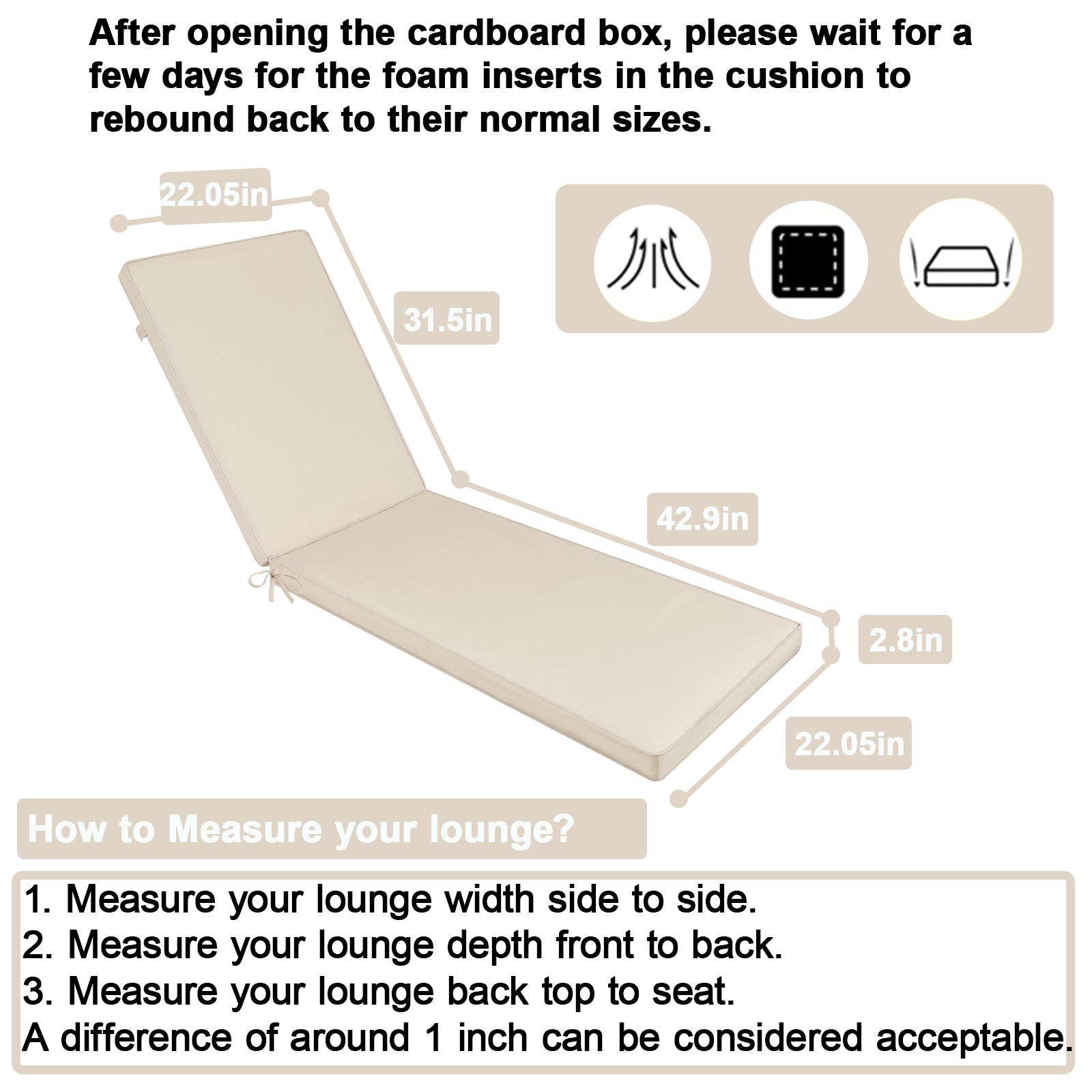 2Pcs Set Outdoor Lounge Chair Cushion Replacement Patio Funiture Seat Cushion Chaise Lounge Cushion Beige Beige Polyester