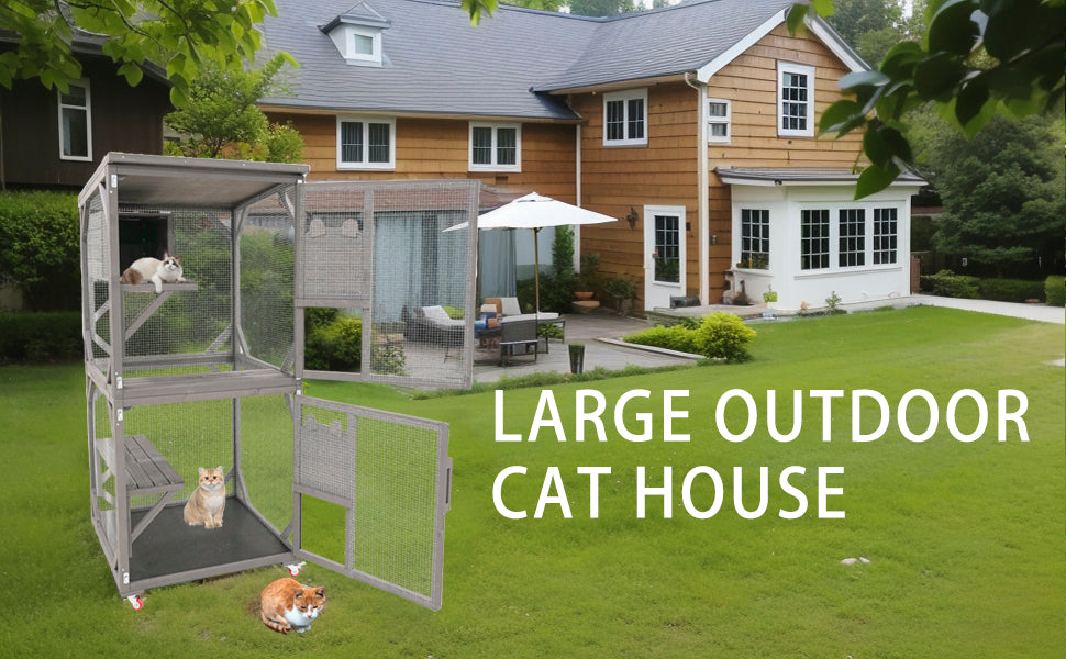 Catio Large Wooden Cat House Outdoor Indoor Cat Enclosures On Wheels, Wooden Kitty House Shelter Outside With Resting Box, Waterproof Roof Grey, 31.5" D X 36.6" W X 71" H Grey Solid Wood