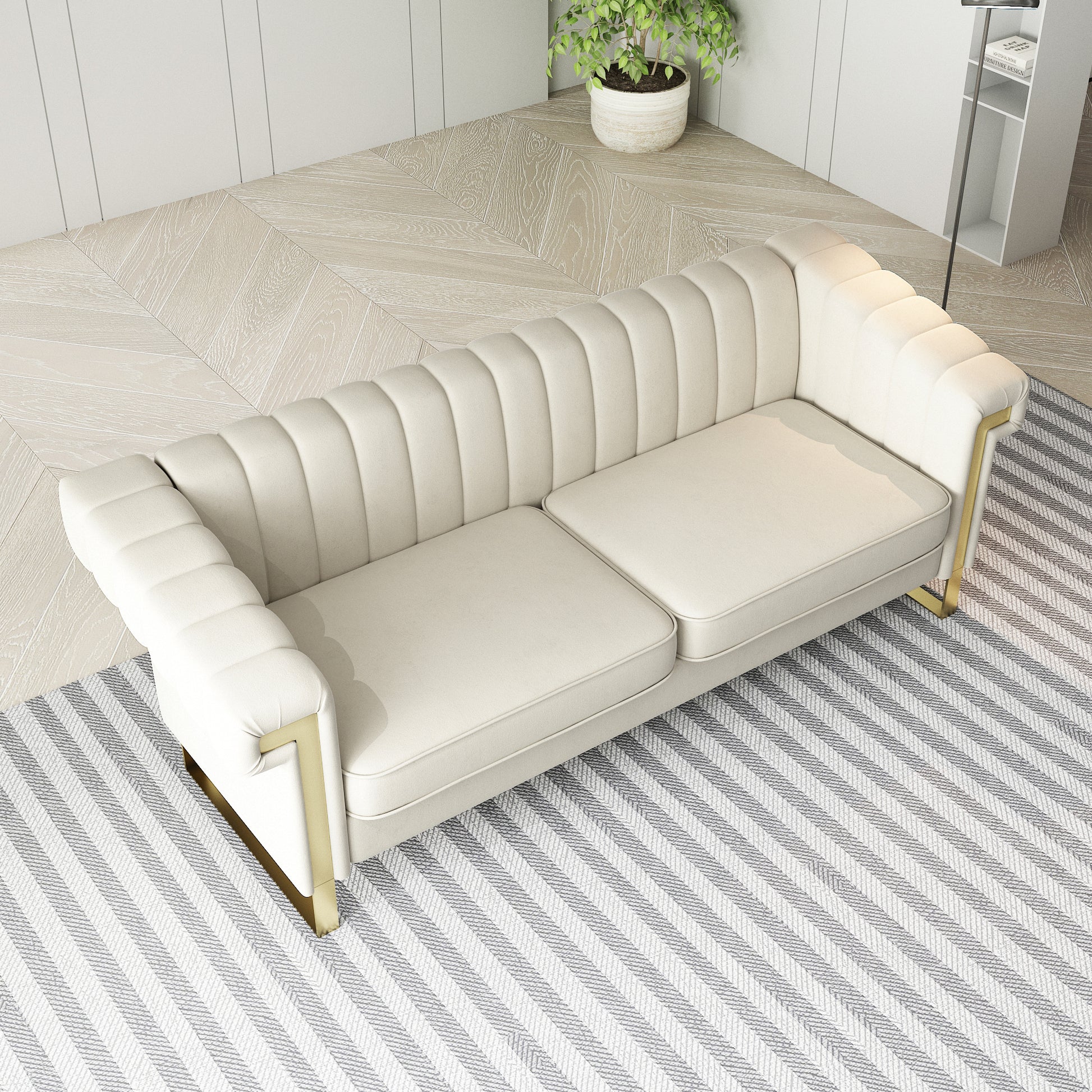 Fx P81 Cw2 Sofa Modern Cream Velvet Sofa With Gold Accents Sleek Channel Tufted Upholstery, 3 Seat Couch For Living Room And Office Decor Temu Suitable Cream White Velvet 3 Seat