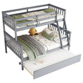 Twin Over Full Rubber Wood Bunk Bed With Trundle, Convertible Ladder And Guardrail, Detachable, Convertible Bed, With Twin Size Trundle ,Grey Twin Grey Rubber Wood