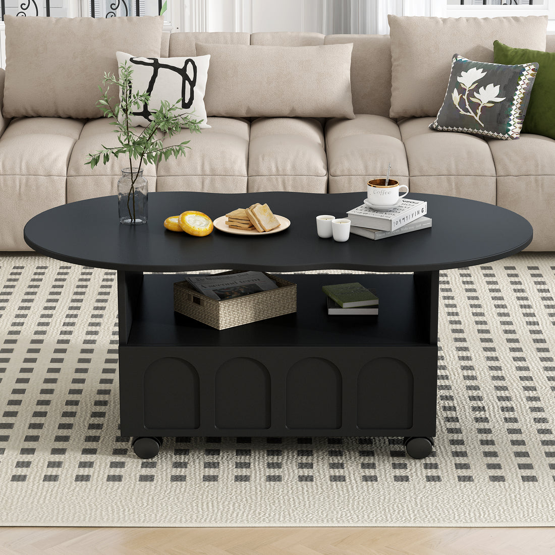 Flexible Cream Style Coffee Table With 2 Brake Wheels, Cloud Top Side Table With Drawer, Irregular Center Table With Large Storage For Living Room, Black, 39.37''X 23.6'' Black Particle Board