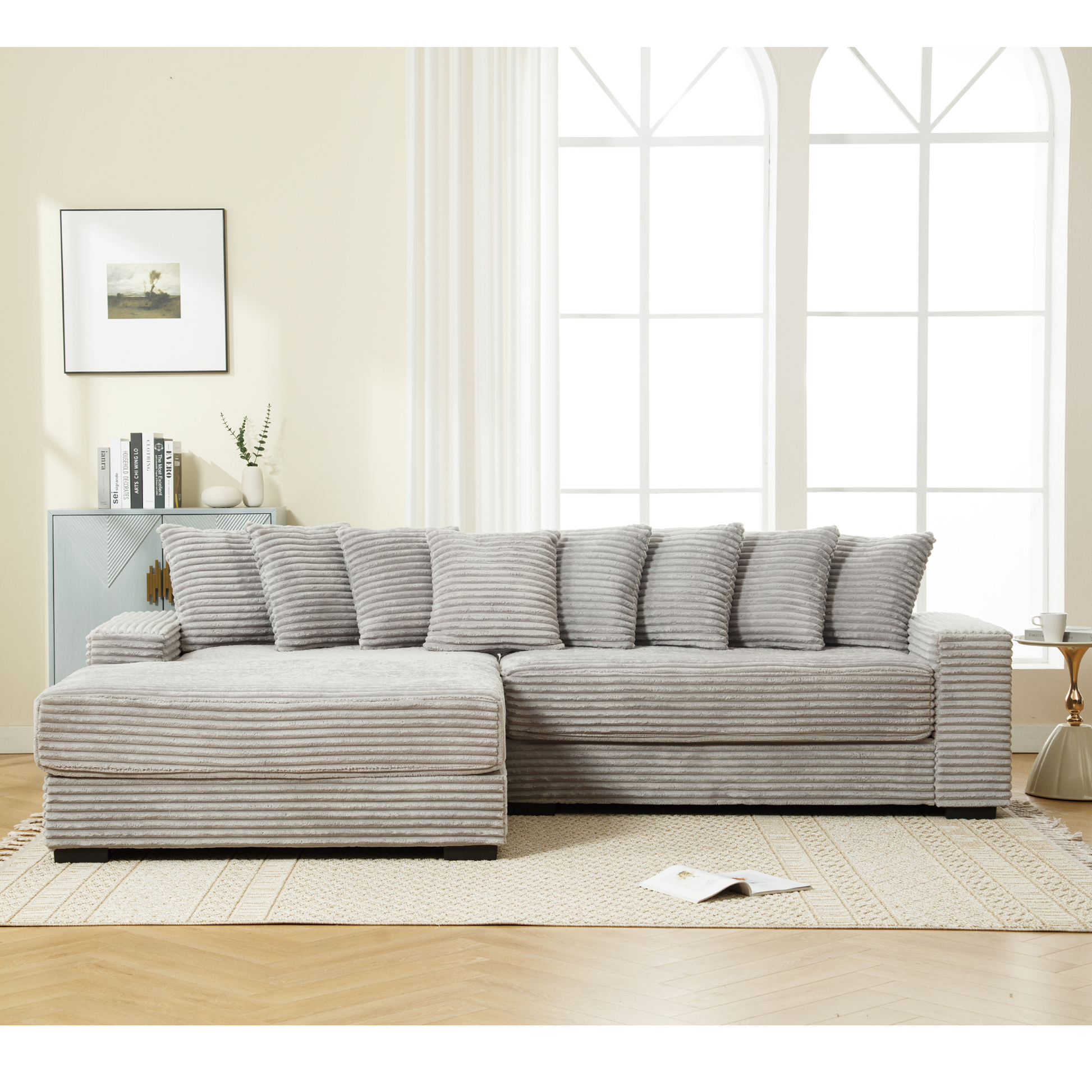 Arrived Oversized Two Piece Couches, L Shaped Sofa, Corduroy, Left Chaise Daybed,With Armrests,Eight Throw Pillows,Corner Sofa,Easy To Assemble, Gray Gray Polyester Wood Primary Living Space Medium Soft Pillow Back Modern Square Arms Wood 3 Seat