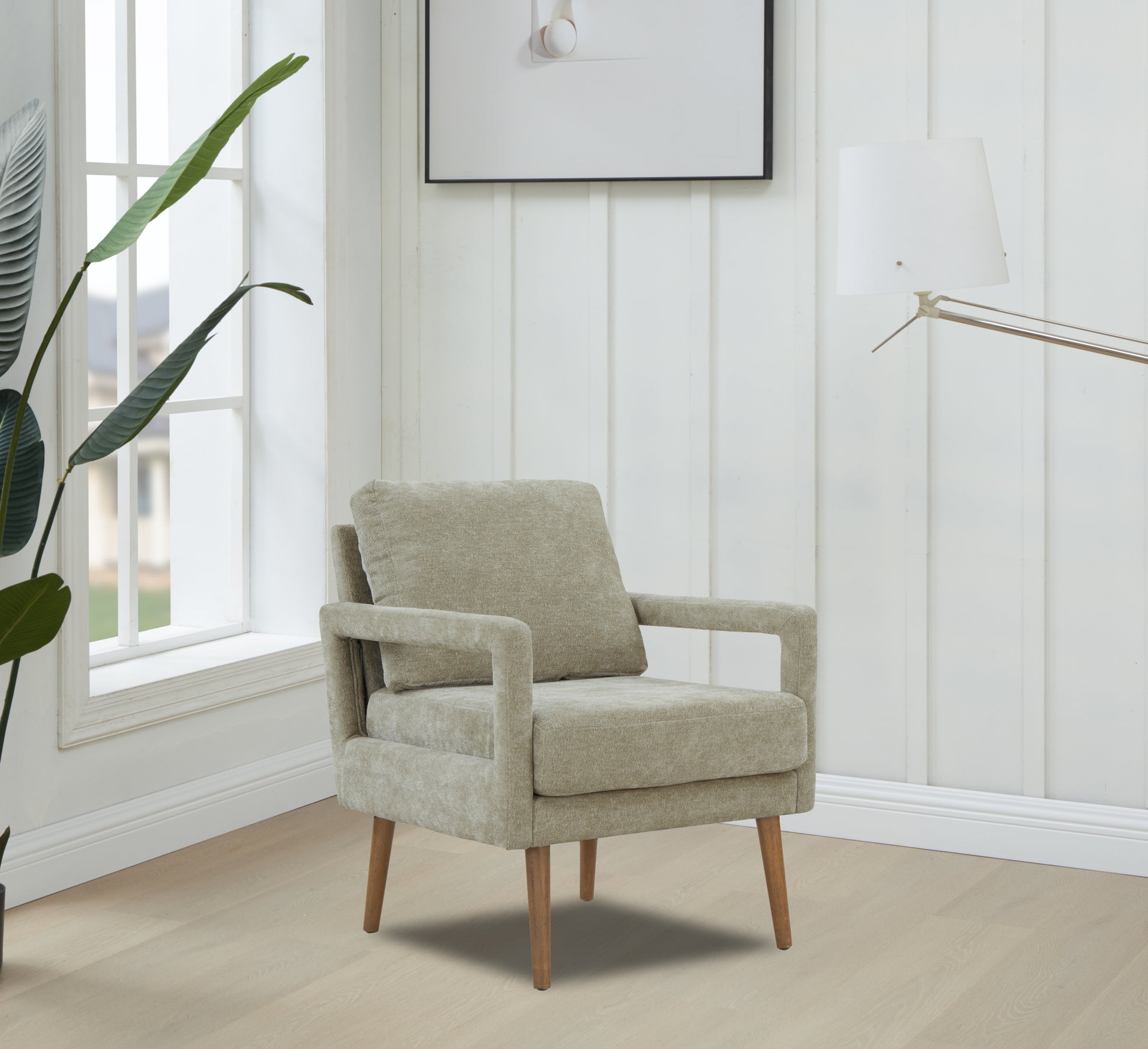 Mid Century Armchairaccent Chair With Chenille Armrest & Soft Cushion For Living Room, Bedroom, Home Office, Study, Light Grey Gray Foam Wood Fabric