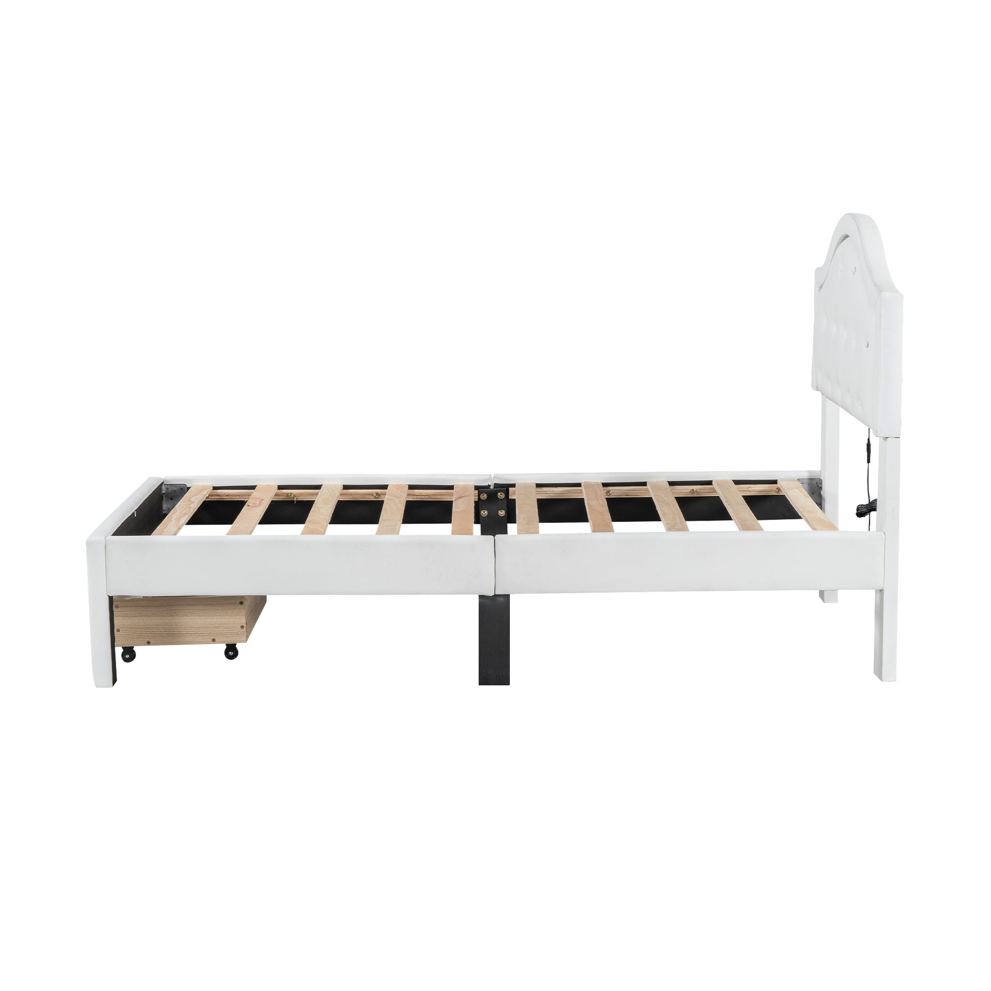 Twin Size Upholstered Platform Bed With Tufted Headboard, Led And A Drawer, White Box Spring Not Required Twin White Wood Faux Leather Upholstered