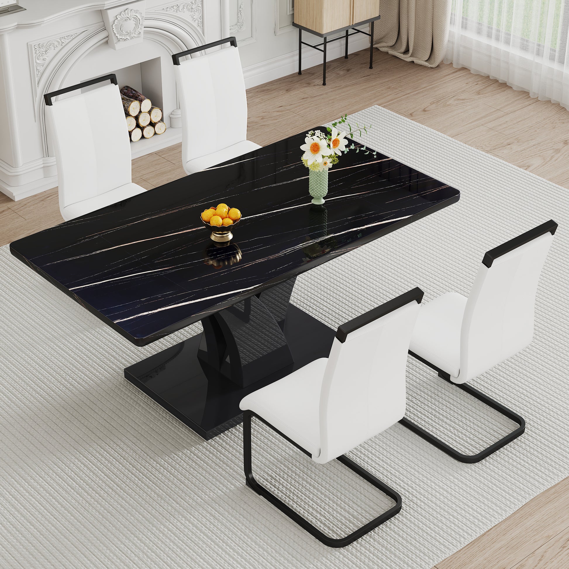 Modern Dining Table, Black Desktop And Black Mdf Leg Dining Table Are The Perfect Choice For Dinner, Conference, Home And Office Decoration F 790 Black Mdf