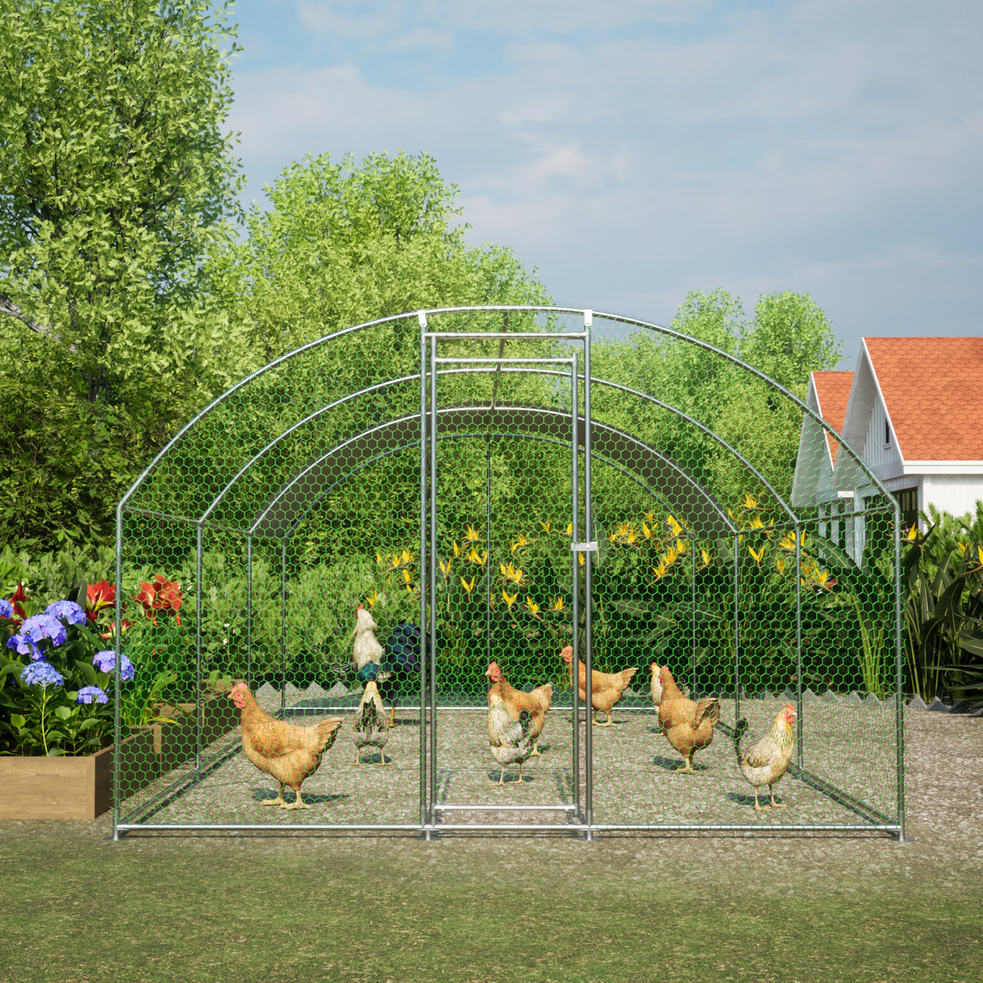 Large Chicken Coop Metal Chicken Run With Waterproof And Anti Uv Cover, Dome Shaped Walk In Fence Cage Hen House For Outdoor And Yard Farm Use, 1" Tube Diameter, 9.84' X 19.68' X 6.56' Silver Metal