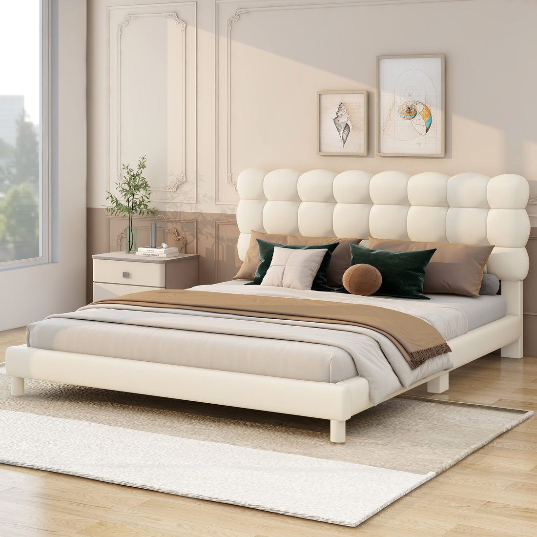 Full Size Upholstered Platform Bed With Soft Headboard,Beige Full Beige Upholstered