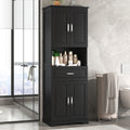 Tall Bathroom Cabinet With Four Doors, Large Storage Space Open Shelve, Upper Storage Cabinet, Black Black Mdf