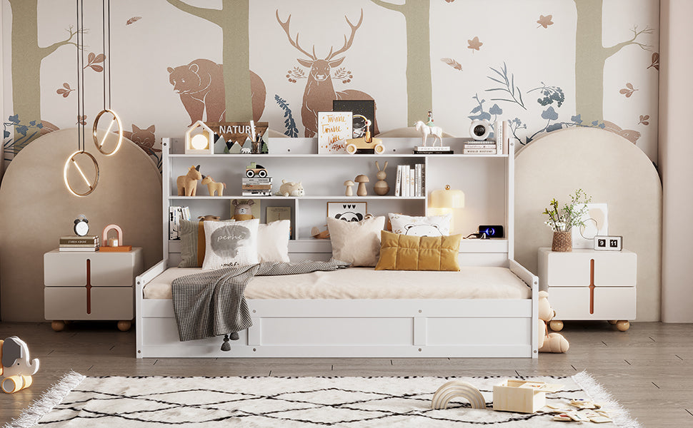 Twin Size Daybed Frame With Storage Bookcases And Underneath Storage, Usb Charging Station, White Twin White Solid Wood Mdf