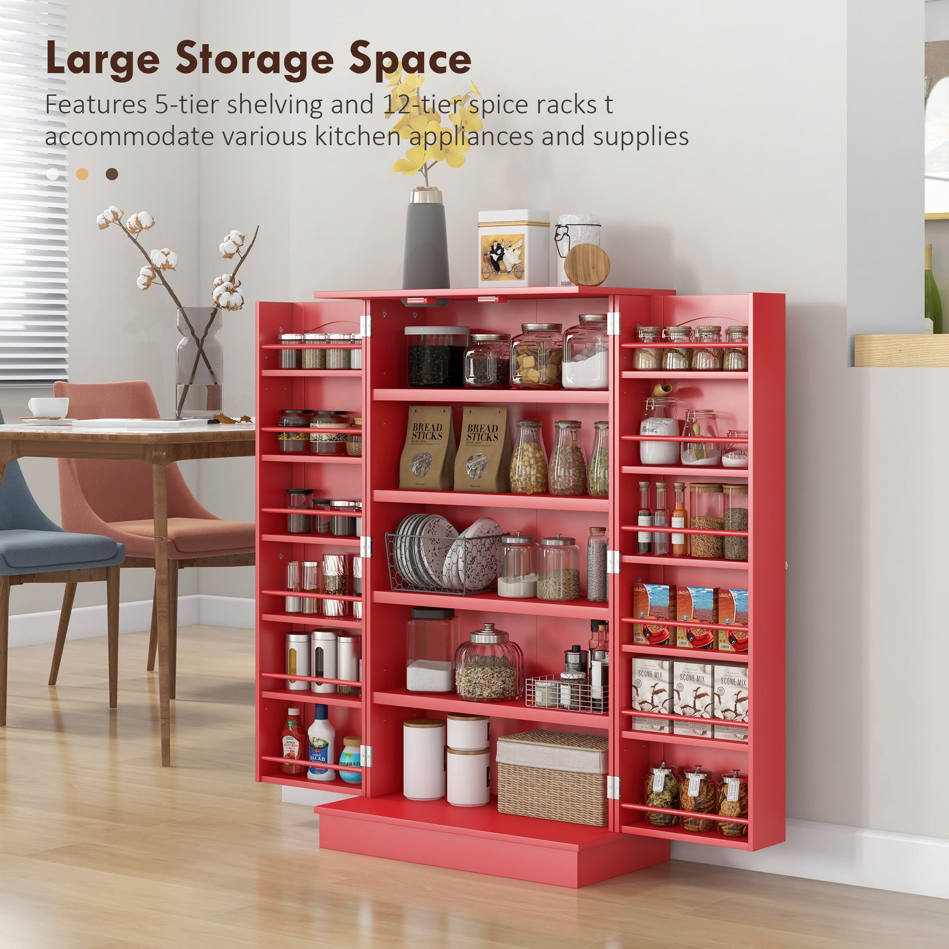 Homcom 41" Kitchen Pantry Storage Cabinet, Freestanding Kitchen Cabinet With 12 Door Shelves, Double Doors, 5 Tier Shelving And Adjustable Shelves, Red Red Mdf