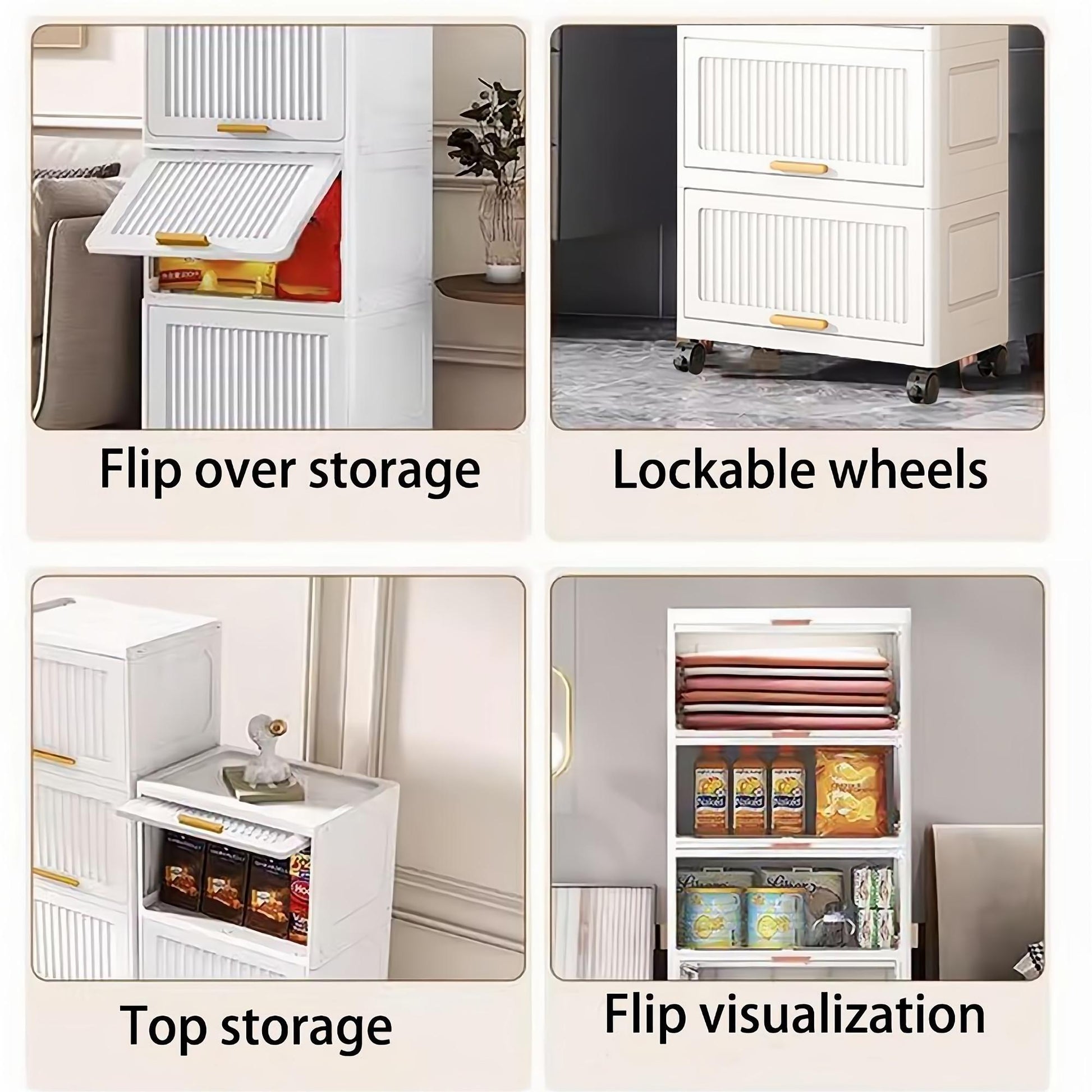 15.75" Side Wide 5 Layers Flip Open Storage Box With Wheels, Movable Storage Cabinet, Kitchen Shelf, Movable Storage Island, Home Organization, Wardrobe Storage Box White Plastic