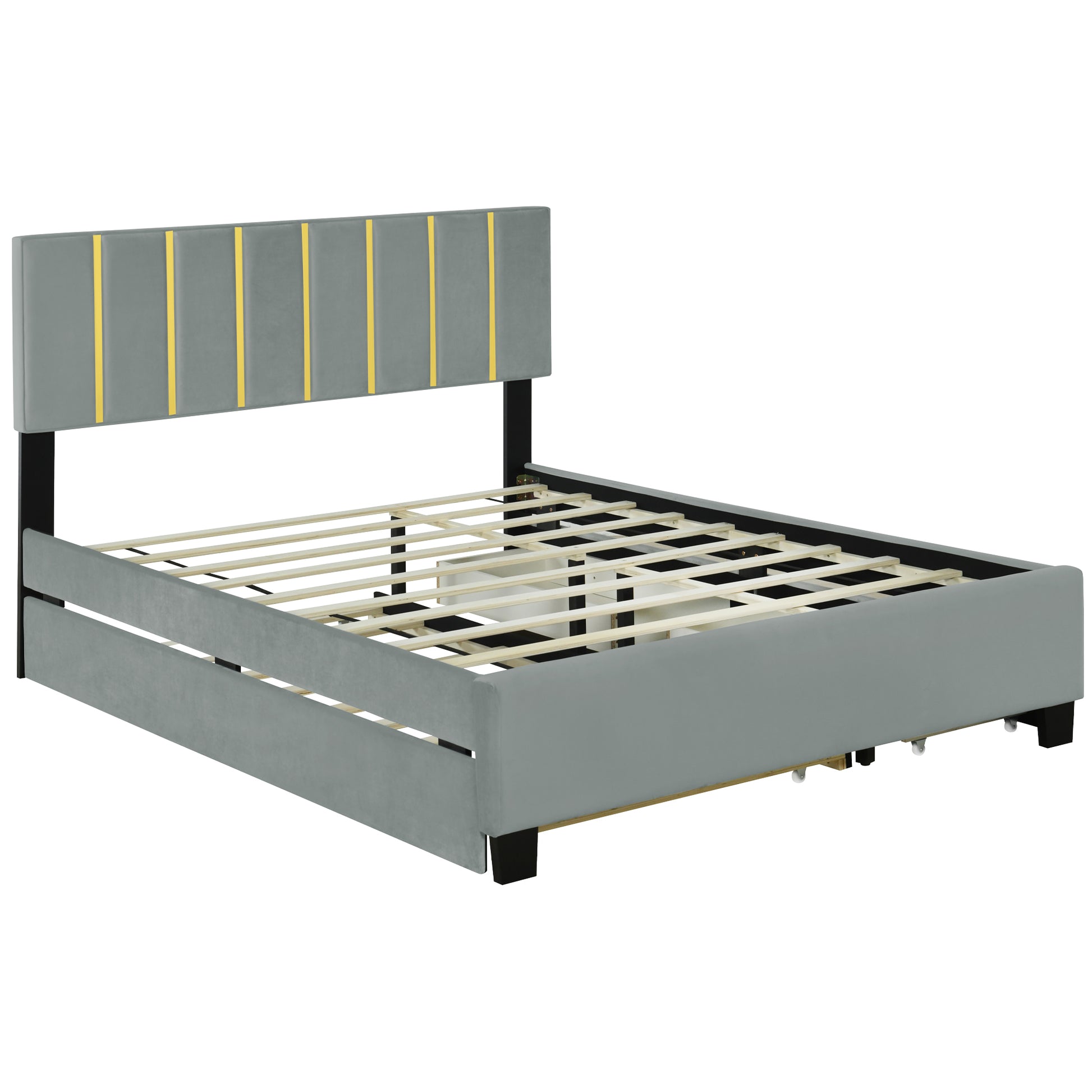 Queen Size Upholstered Platform Bed With 2 Drawers And 1 Trundle, Classic Metal Strip Headboard Design, Grey Queen Gray Mdf Lvl
