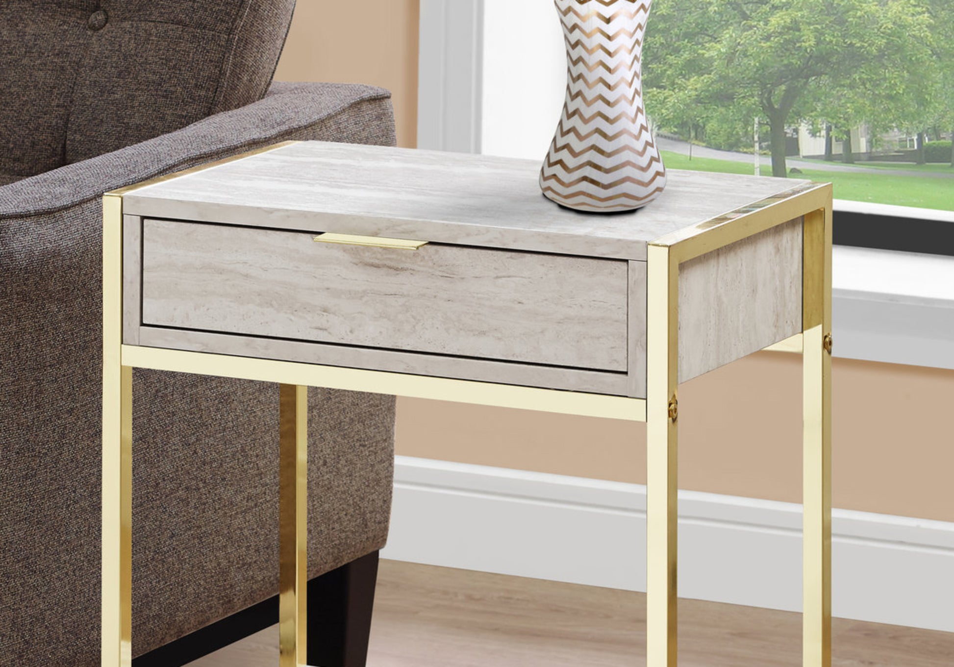 Accent Table, Side, End, Nightstand, Lamp, Storage Drawer, Living Room, Bedroom, Beige Marble Look Laminate, Gold Metal, Contemporary, Modern Beige Particle Board