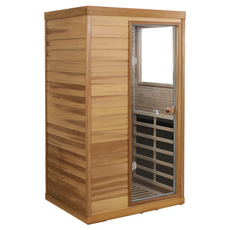 Red Cedar Mini One Person Far Infrared Glass Door On The Right Of The Indoor Sauna Room Natural Wood Caramel Metal & Wood