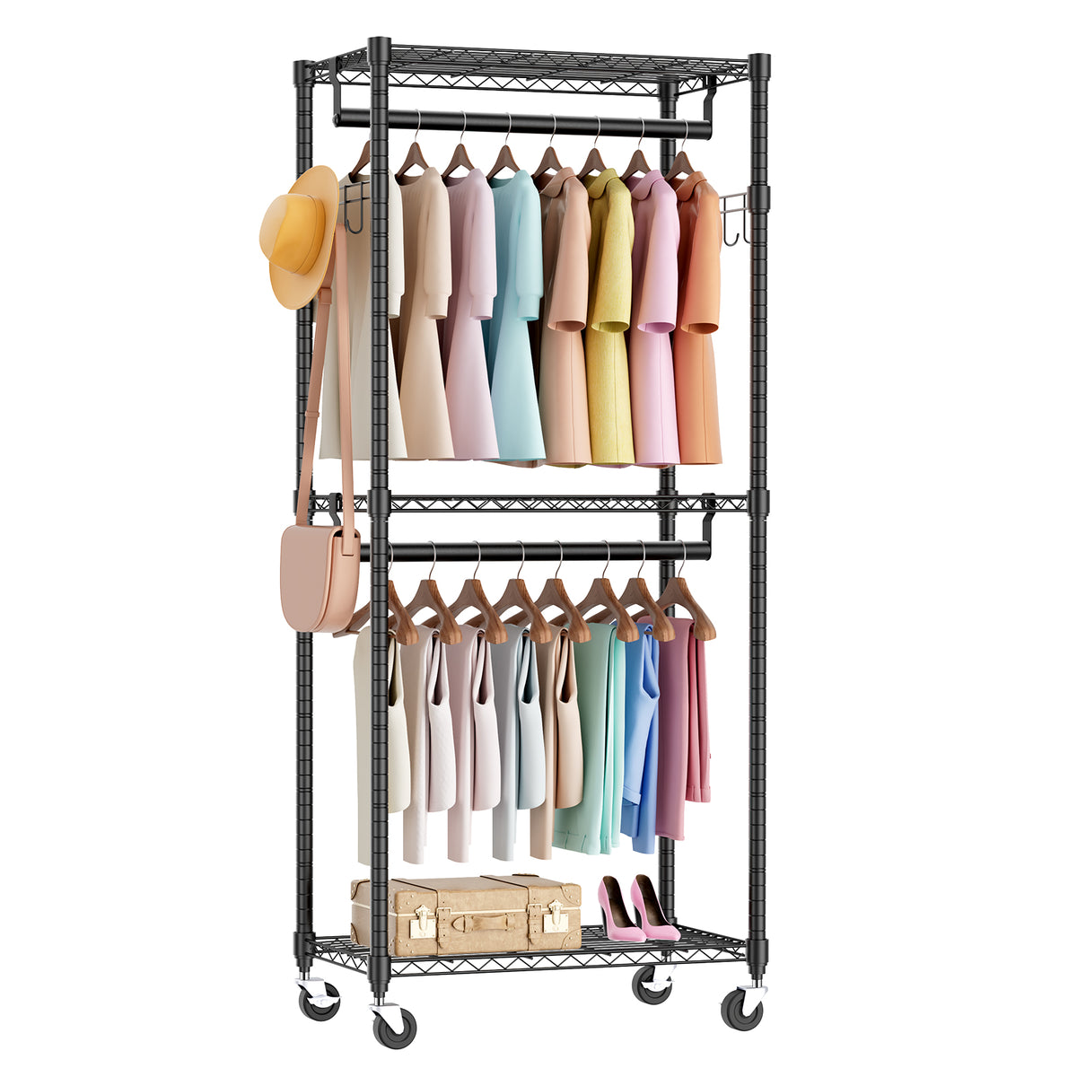 Rolling Mini Rack Mini Rolling Clothes Rack, Heavy Duty Garment Racks 3 Tiers Portable A