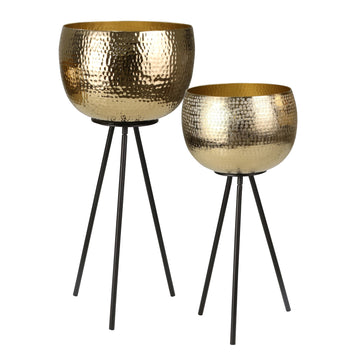 Hammered Textured Metal Bowl Planters On Tripod Base, Set Of 2, Gold And Black Black Gold Iron