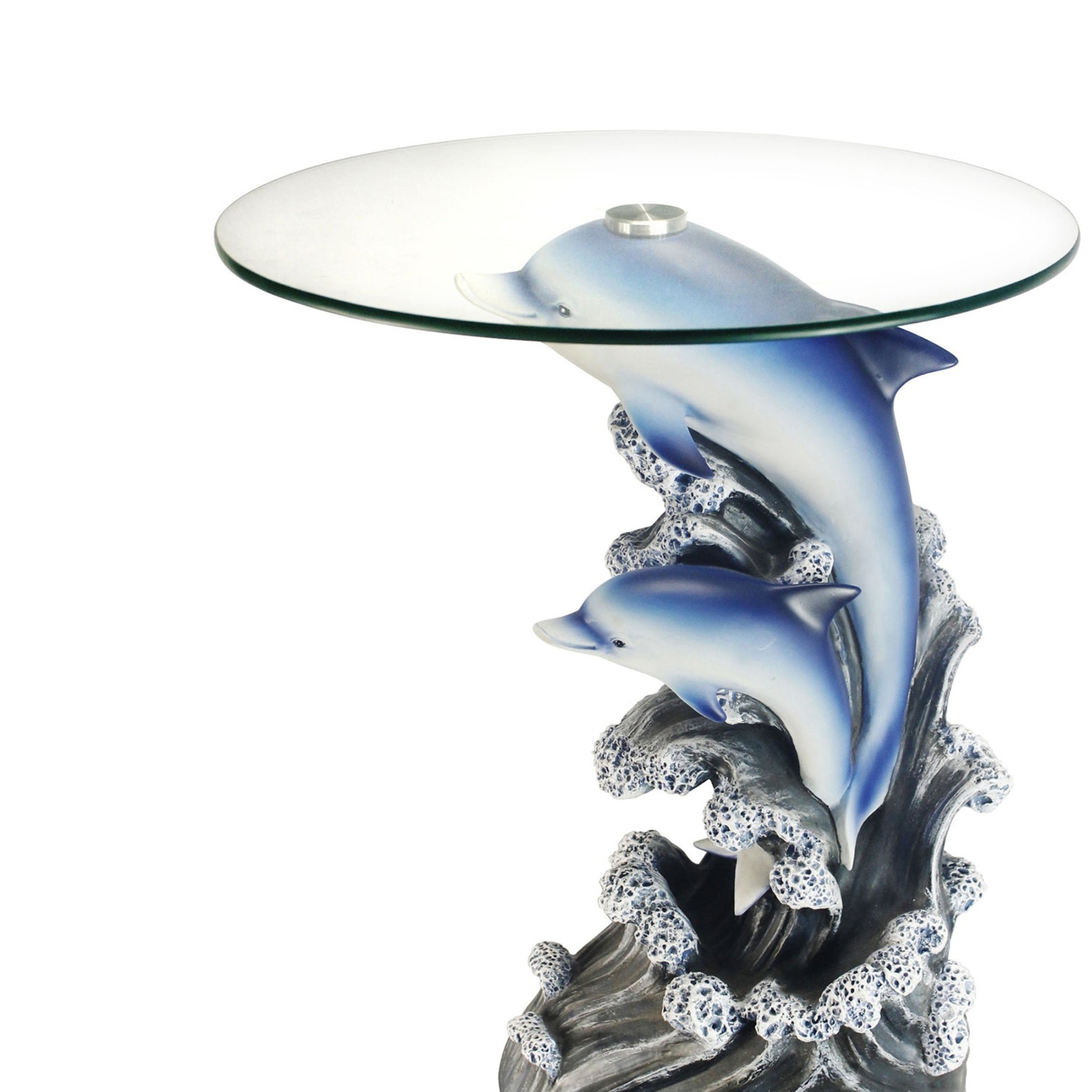 24" Tall Glass Top End Table, Polyresin Dolphin Base Multicolor Polyresin