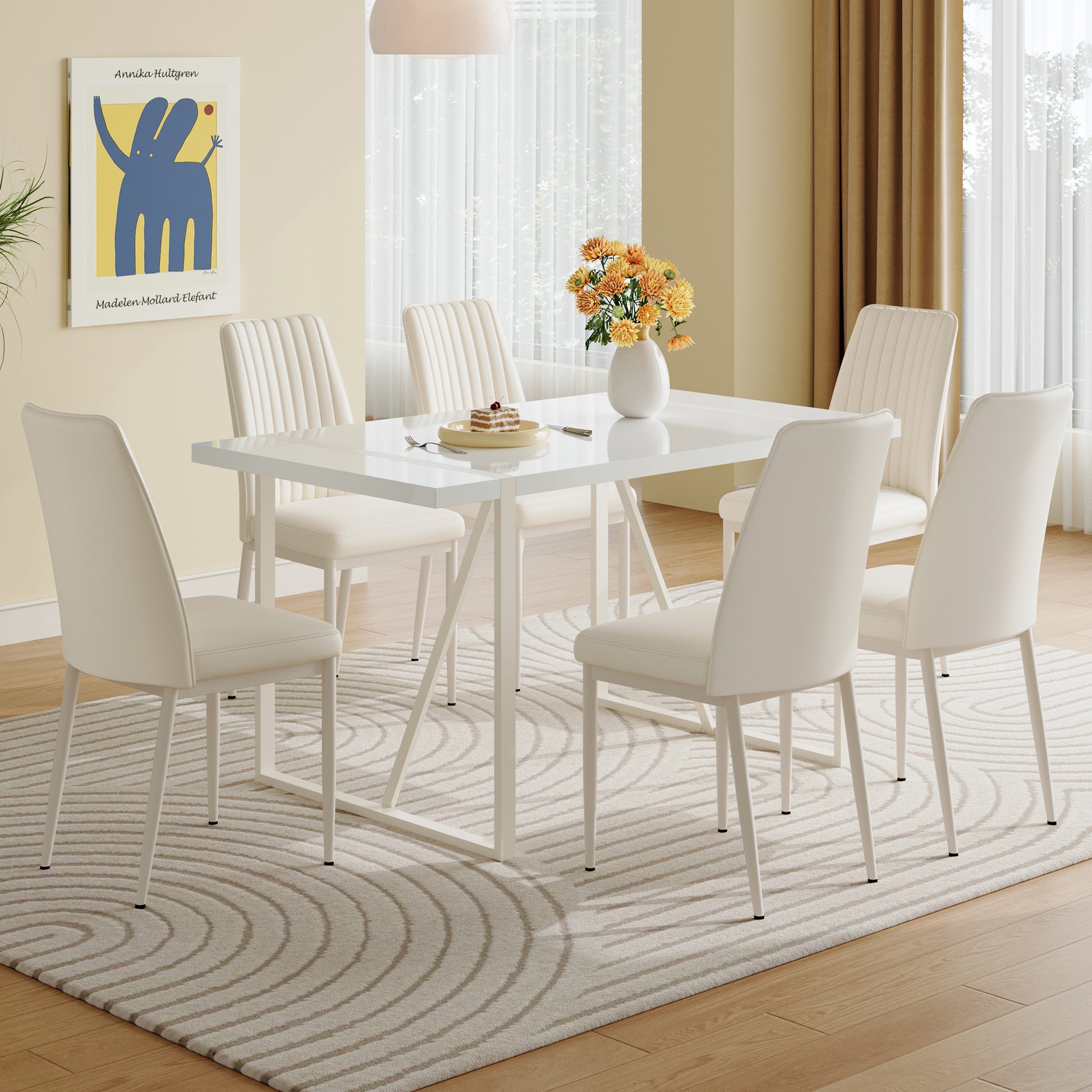 55"X31.5"Cream Style White Mdf Dining Table Set With 6 Armless Chairs.The Backrest Of The Dining Chair Is Designed With Multiple Vertical Stripes.Adding A Warm Atmosphere To Your Family. White Seats