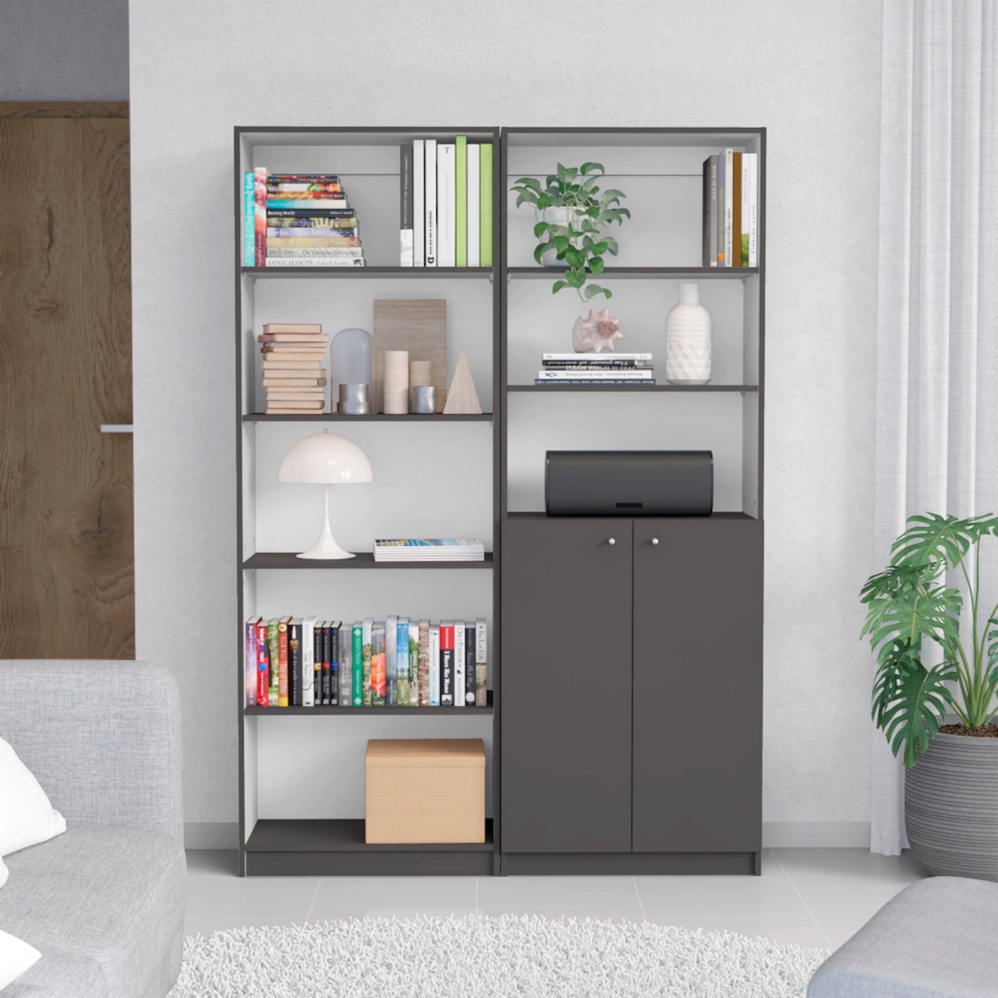 Layton 2 Piece Home Bookcase Set, 49" Wide With 8 Shelves And Double Door Cabinet, Living Room Set Matte Gray White Freestanding 5 Or More Shelves Matte Multicolor Office Adjustable Shelves Modern Particle Board